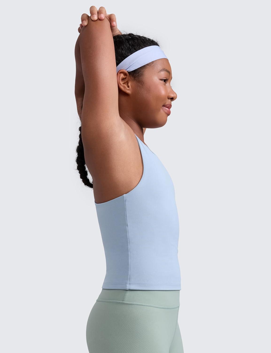 imageCRZ YOGA Girls Butterluxe Double Lined High Neck Tank Tops Waist Length Dance Yoga Athletic Casual Racerback Kids TeenCambric Blue