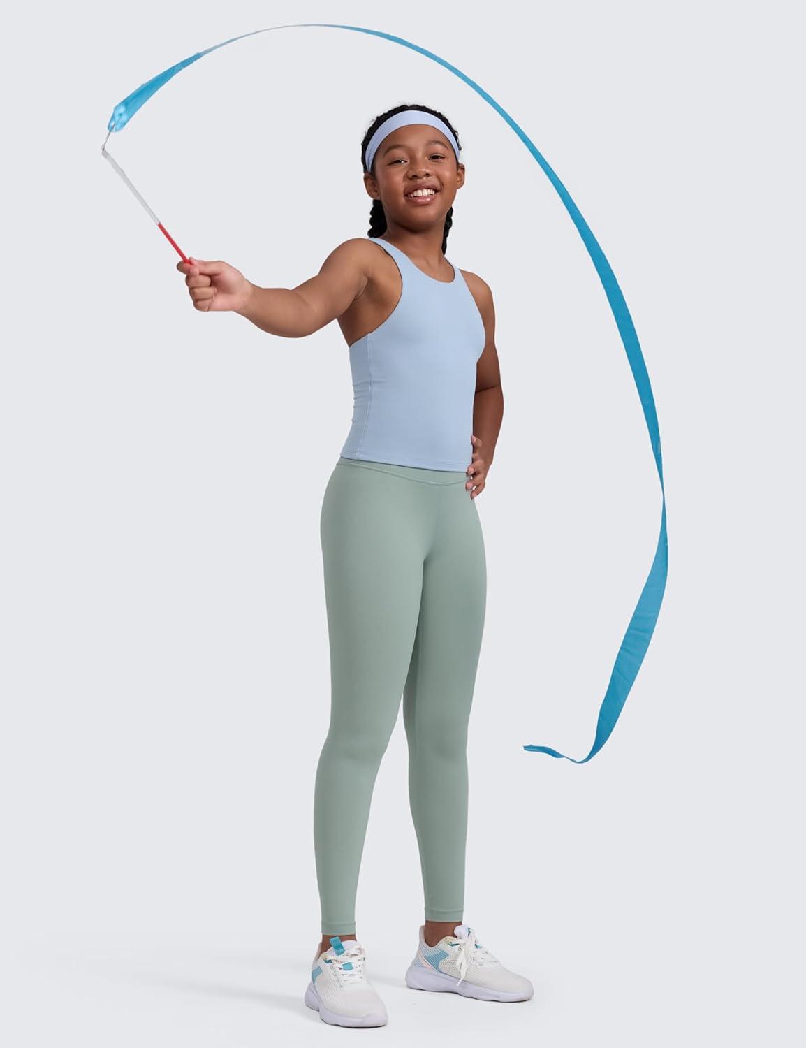 imageCRZ YOGA Girls Butterluxe Double Lined High Neck Tank Tops Waist Length Dance Yoga Athletic Casual Racerback Kids TeenCambric Blue