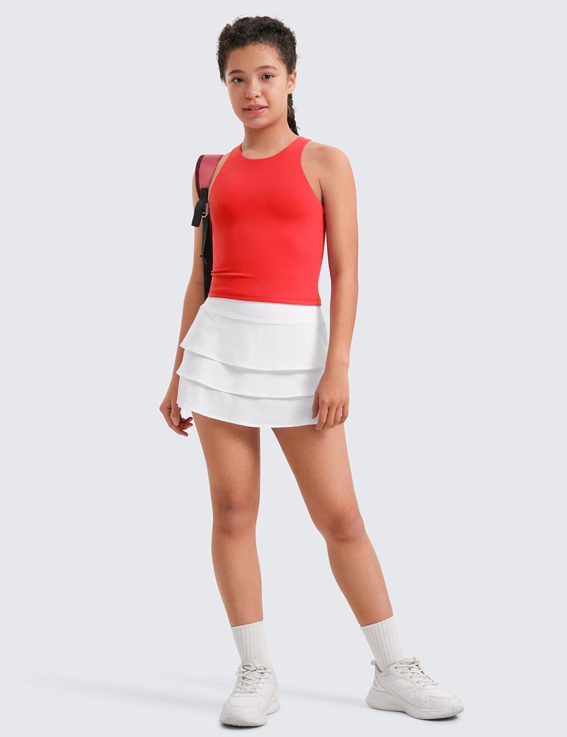 imageCRZ YOGA Girls Butterluxe Double Lined High Neck Tank Tops Waist Length Dance Yoga Athletic Casual Racerback Kids TeenDeep Red