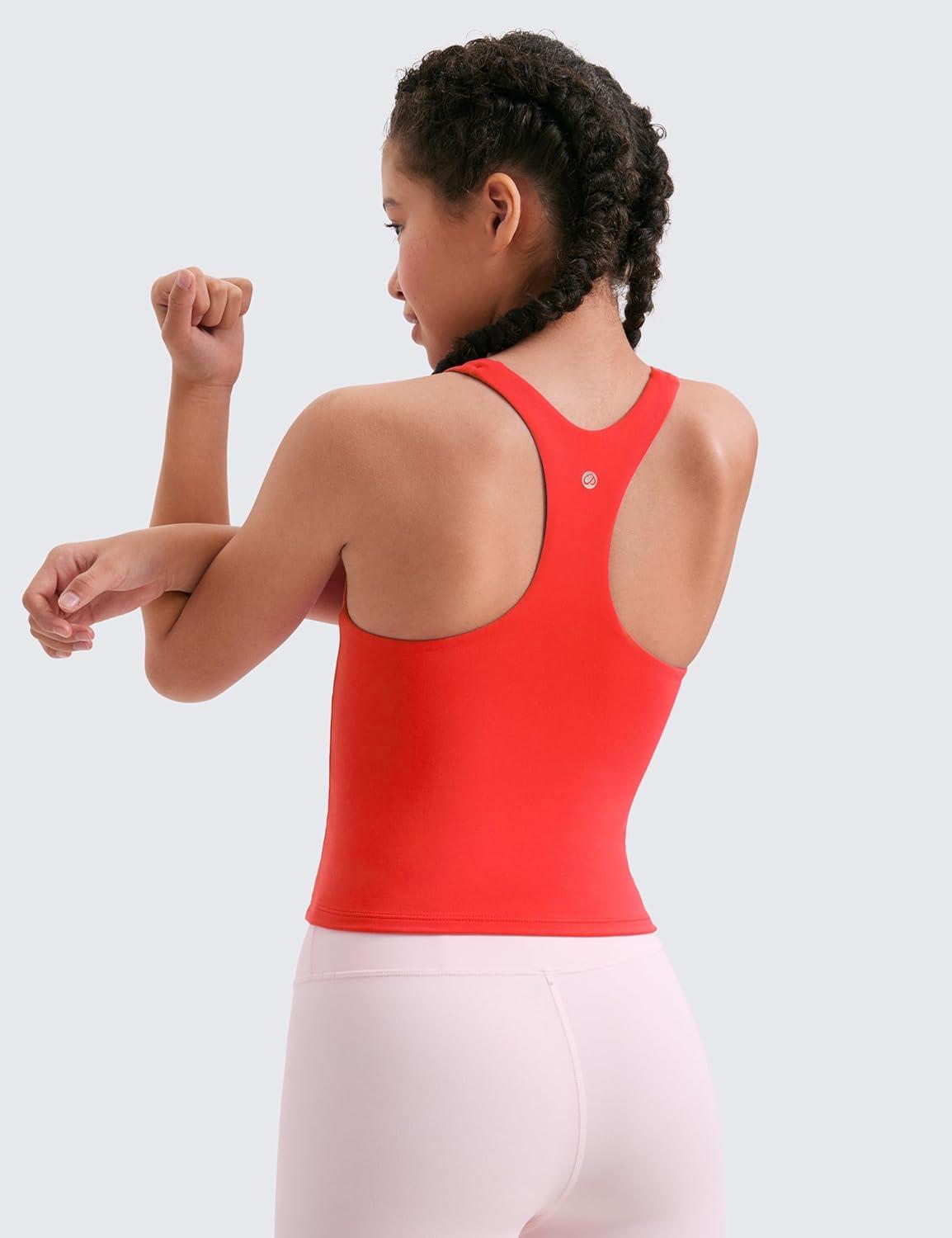 imageCRZ YOGA Girls Butterluxe Double Lined High Neck Tank Tops Waist Length Dance Yoga Athletic Casual Racerback Kids TeenDeep Red