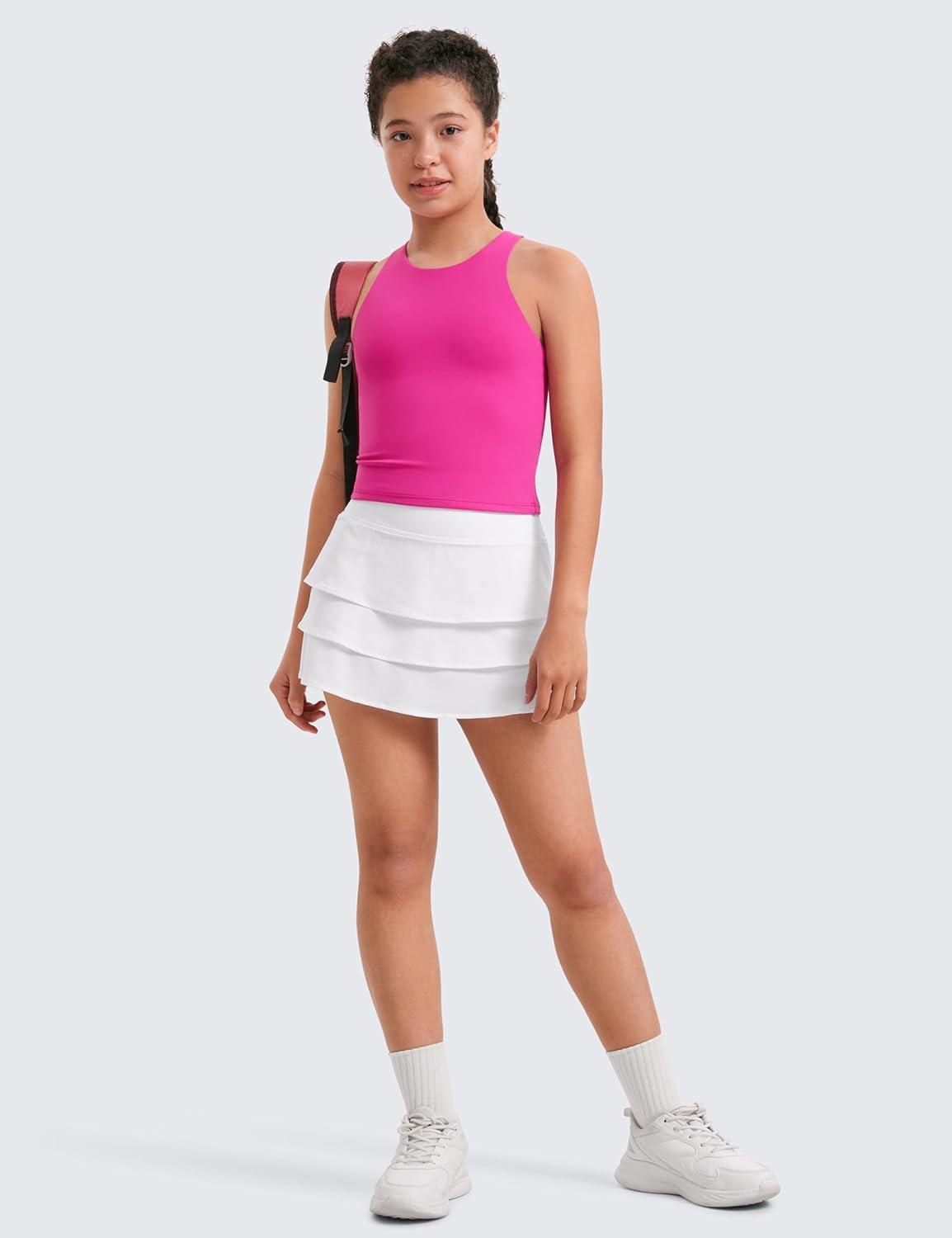 imageCRZ YOGA Girls Butterluxe Double Lined High Neck Tank Tops Waist Length Dance Yoga Athletic Casual Racerback Kids TeenHibiscus Purple