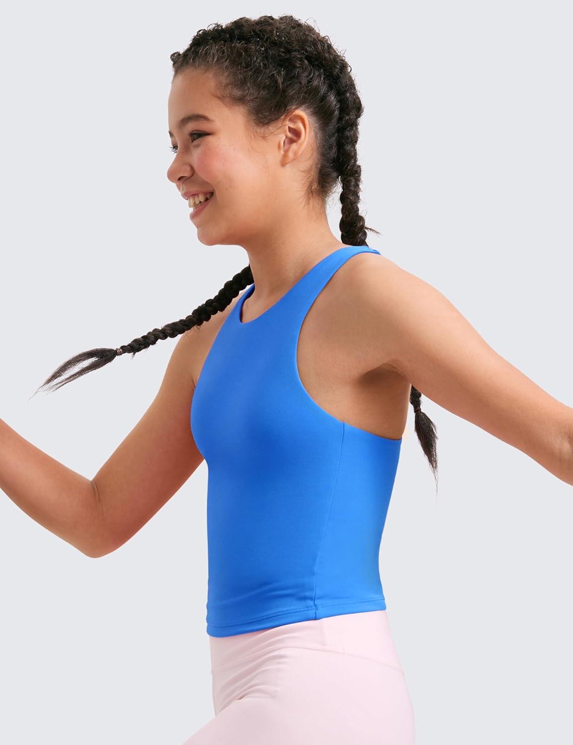 imageCRZ YOGA Girls Butterluxe Double Lined High Neck Tank Tops Waist Length Dance Yoga Athletic Casual Racerback Kids TeenSparkle Blue