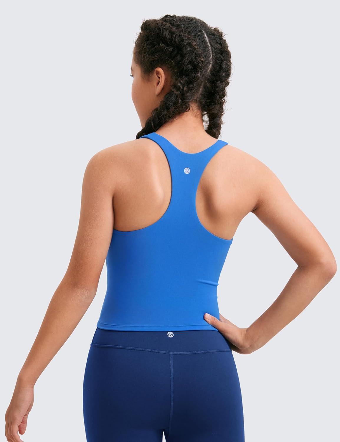 imageCRZ YOGA Girls Butterluxe Double Lined High Neck Tank Tops Waist Length Dance Yoga Athletic Casual Racerback Kids TeenSparkle Blue