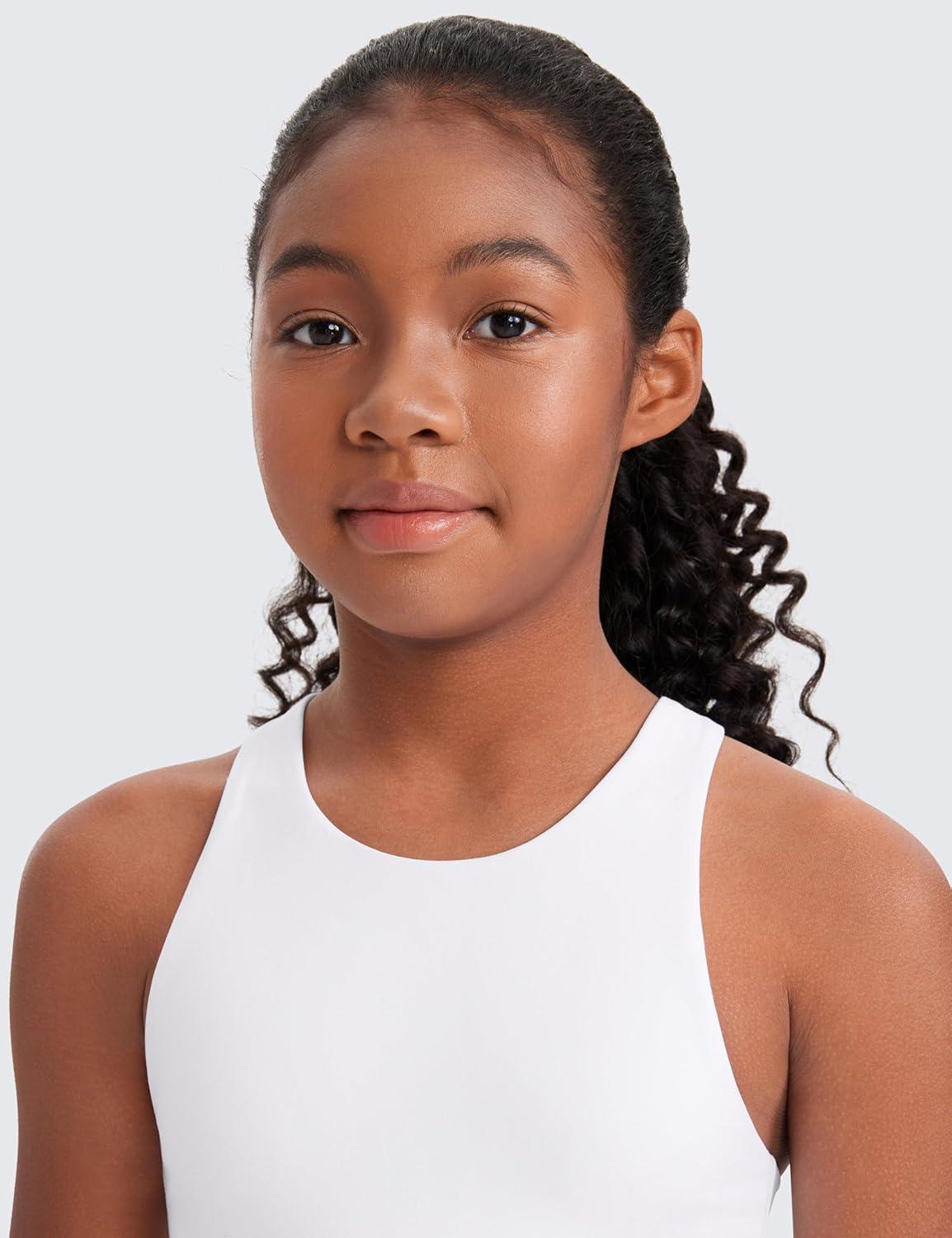 imageCRZ YOGA Girls Butterluxe Double Lined High Neck Tank Tops Waist Length Dance Yoga Athletic Casual Racerback Kids TeenWhite