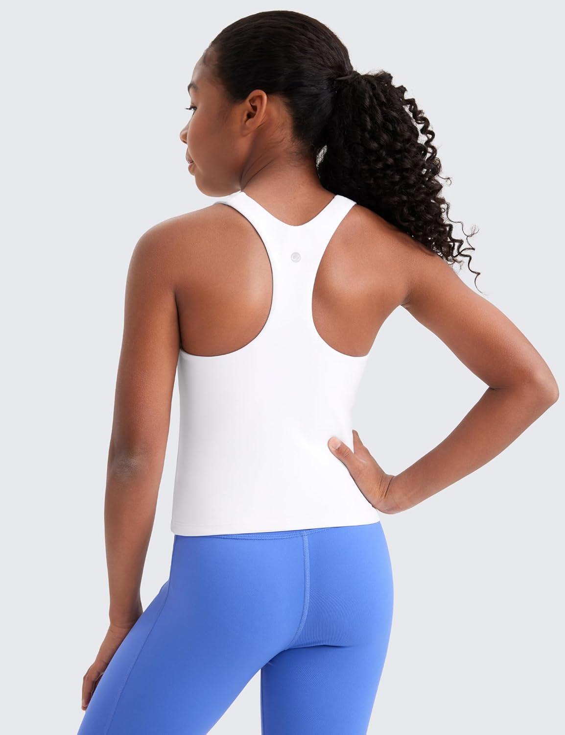 imageCRZ YOGA Girls Butterluxe Double Lined High Neck Tank Tops Waist Length Dance Yoga Athletic Casual Racerback Kids TeenWhite