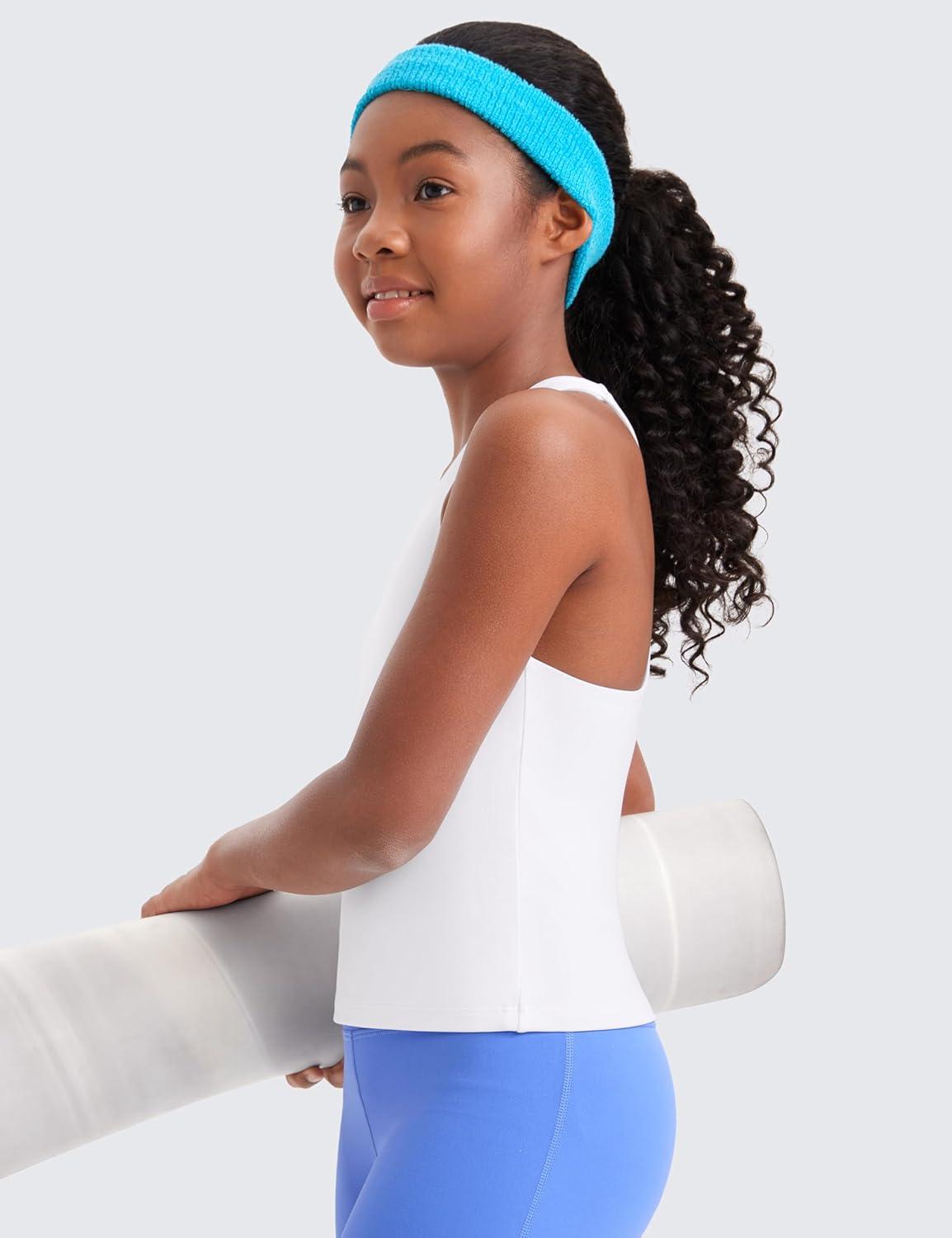 imageCRZ YOGA Girls Butterluxe Double Lined High Neck Tank Tops Waist Length Dance Yoga Athletic Casual Racerback Kids TeenWhite