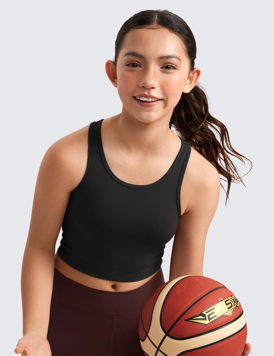 imageCRZ YOGA Girls Butterluxe Double Lined U Back Tank Tops Crop Dance Yoga Athletic Casual Crew Neck Tight Kids TeenBlack