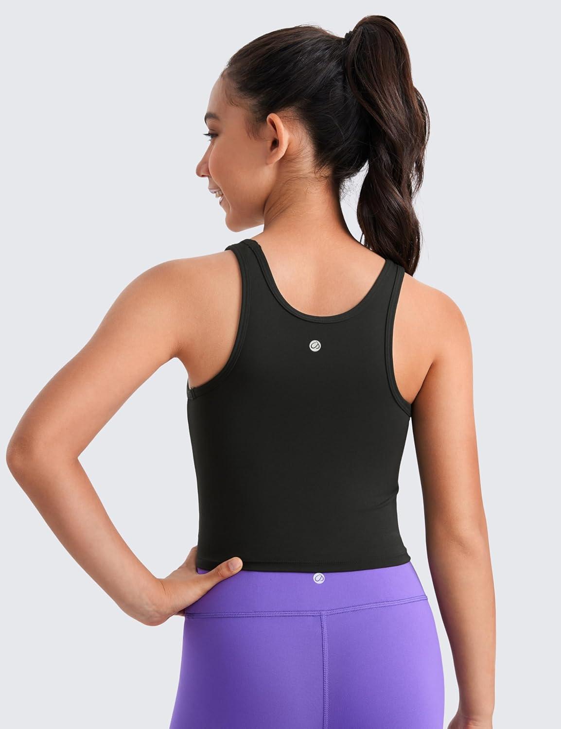 imageCRZ YOGA Girls Butterluxe Double Lined U Back Tank Tops Crop Dance Yoga Athletic Casual Crew Neck Tight Kids TeenBlack