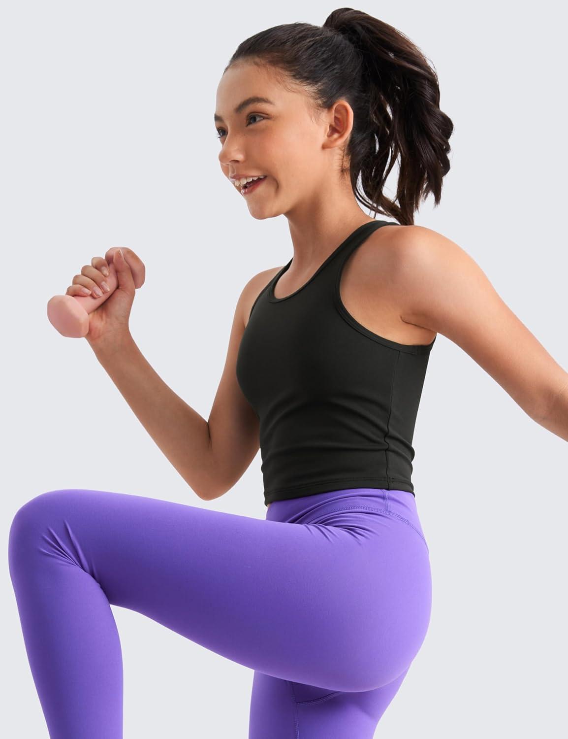 imageCRZ YOGA Girls Butterluxe Double Lined U Back Tank Tops Crop Dance Yoga Athletic Casual Crew Neck Tight Kids TeenBlack