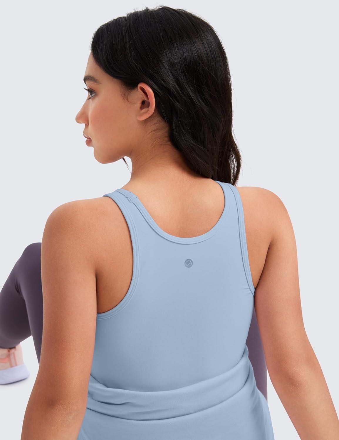 imageCRZ YOGA Girls Butterluxe Double Lined U Back Tank Tops Crop Dance Yoga Athletic Casual Crew Neck Tight Kids TeenCambric Blue