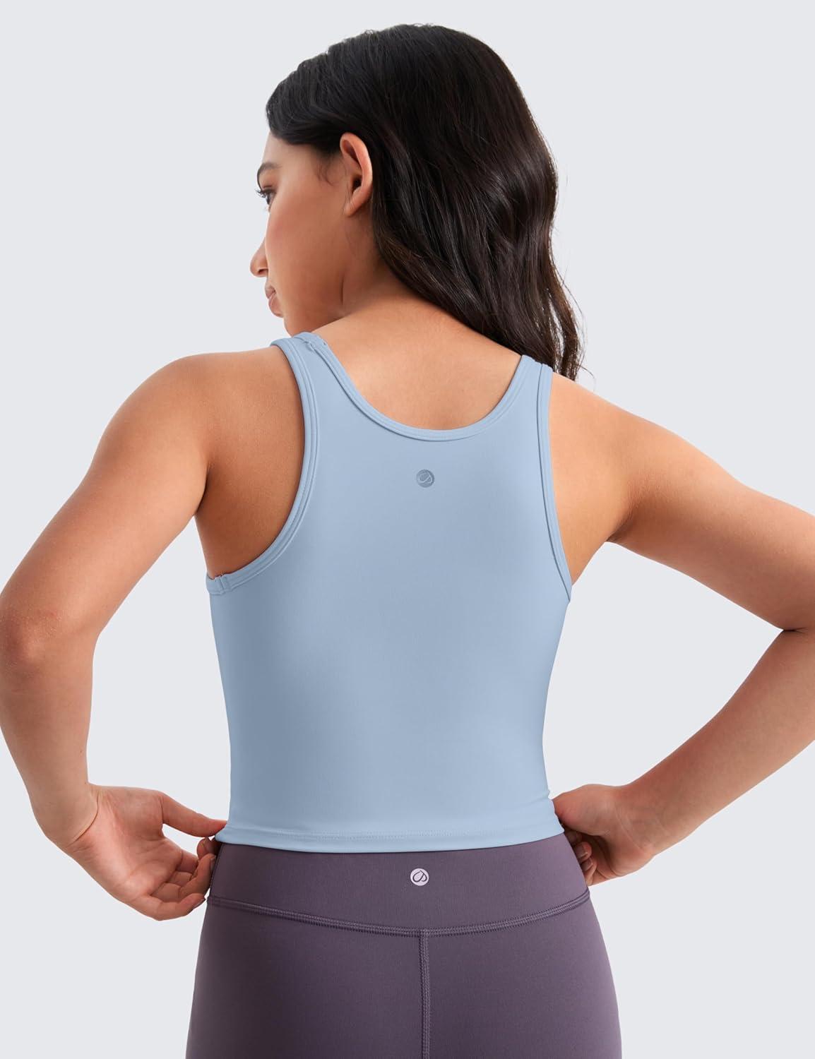 imageCRZ YOGA Girls Butterluxe Double Lined U Back Tank Tops Crop Dance Yoga Athletic Casual Crew Neck Tight Kids TeenCambric Blue
