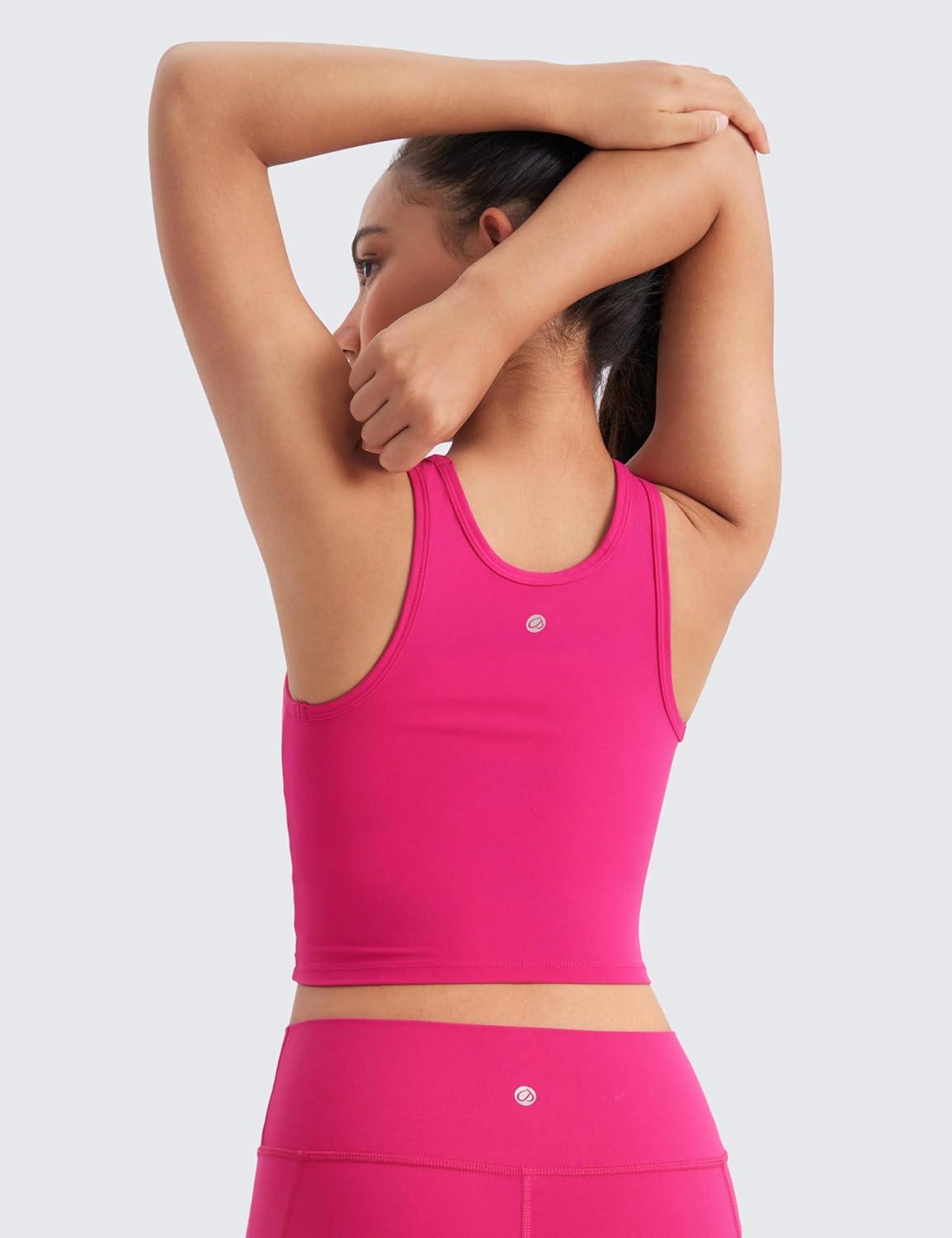 imageCRZ YOGA Girls Butterluxe Double Lined U Back Tank Tops Crop Dance Yoga Athletic Casual Crew Neck Tight Kids TeenGranita Pink