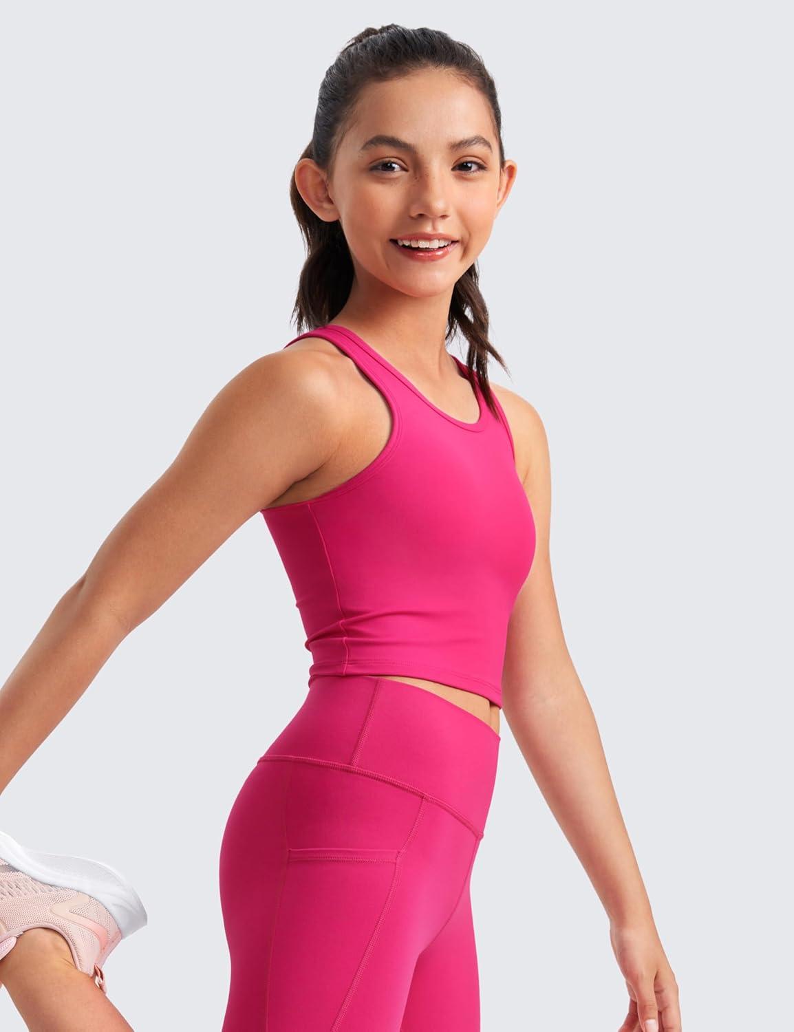 imageCRZ YOGA Girls Butterluxe Double Lined U Back Tank Tops Crop Dance Yoga Athletic Casual Crew Neck Tight Kids TeenGranita Pink