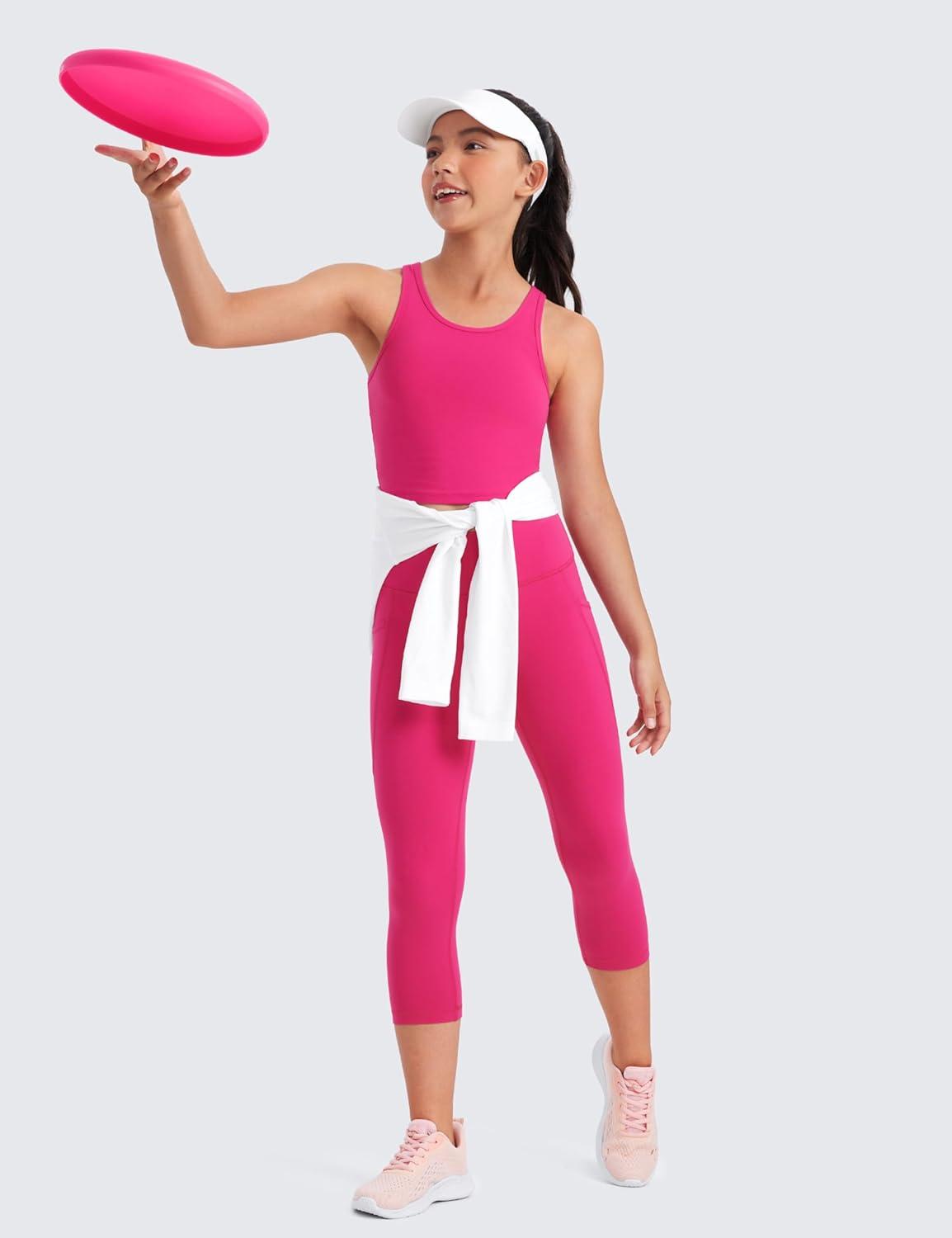 imageCRZ YOGA Girls Butterluxe Double Lined U Back Tank Tops Crop Dance Yoga Athletic Casual Crew Neck Tight Kids TeenGranita Pink