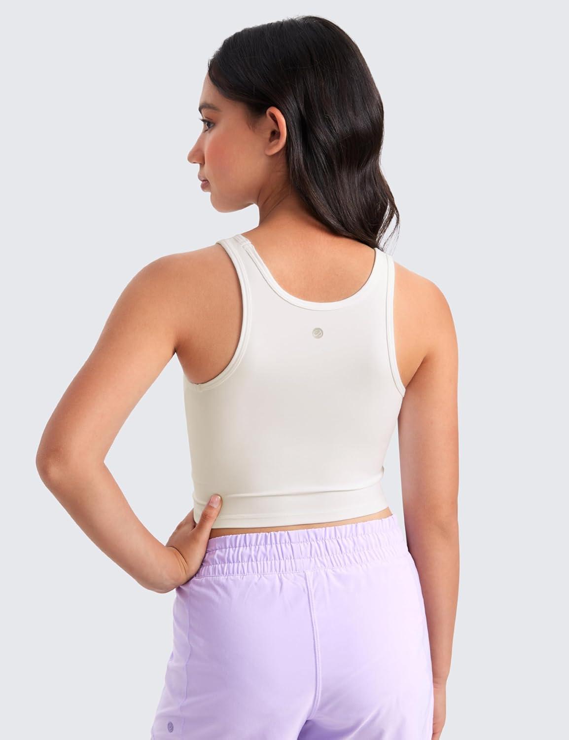 imageCRZ YOGA Girls Butterluxe Double Lined U Back Tank Tops Crop Dance Yoga Athletic Casual Crew Neck Tight Kids TeenMilky White