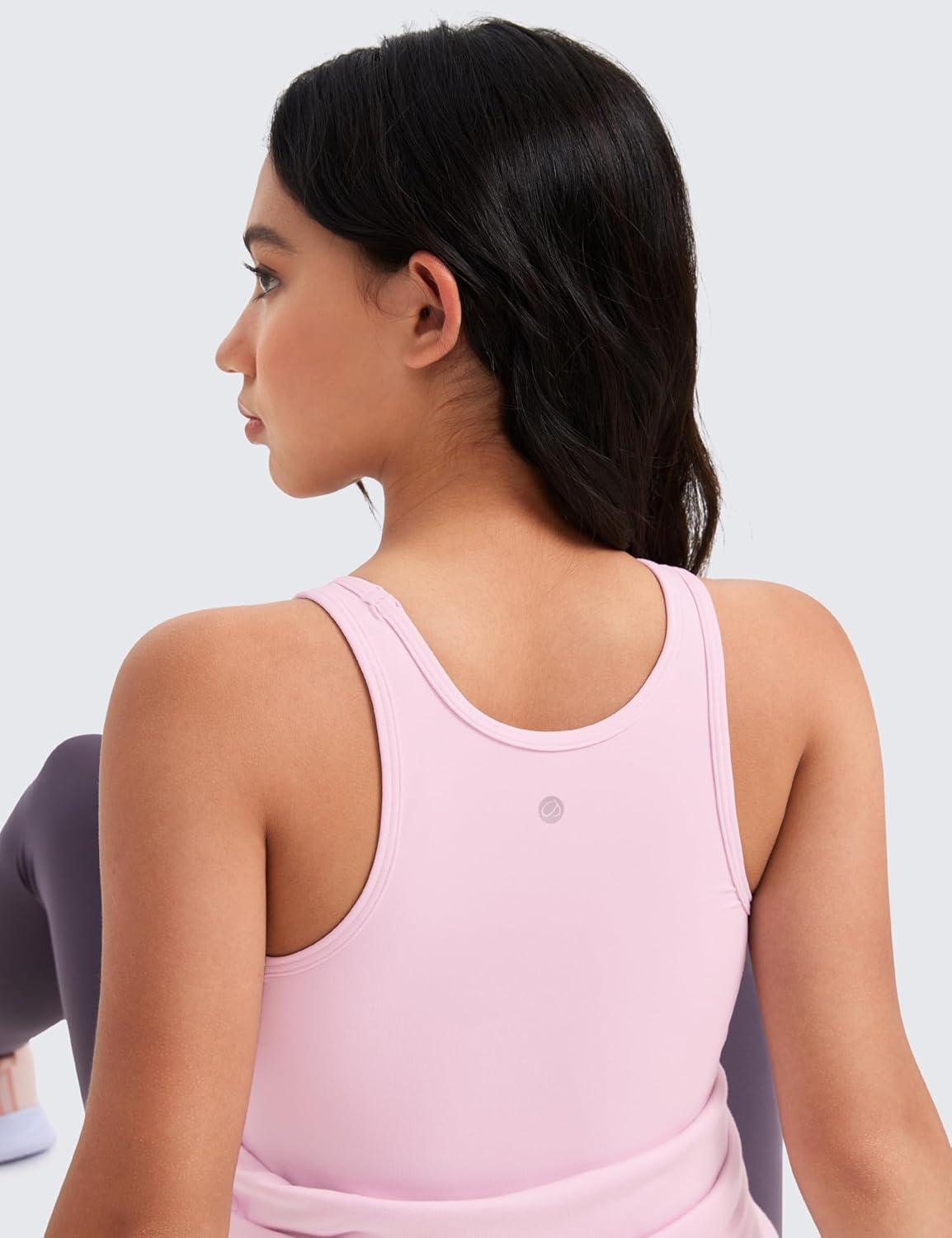 imageCRZ YOGA Girls Butterluxe Double Lined U Back Tank Tops Crop Dance Yoga Athletic Casual Crew Neck Tight Kids TeenPink Peony