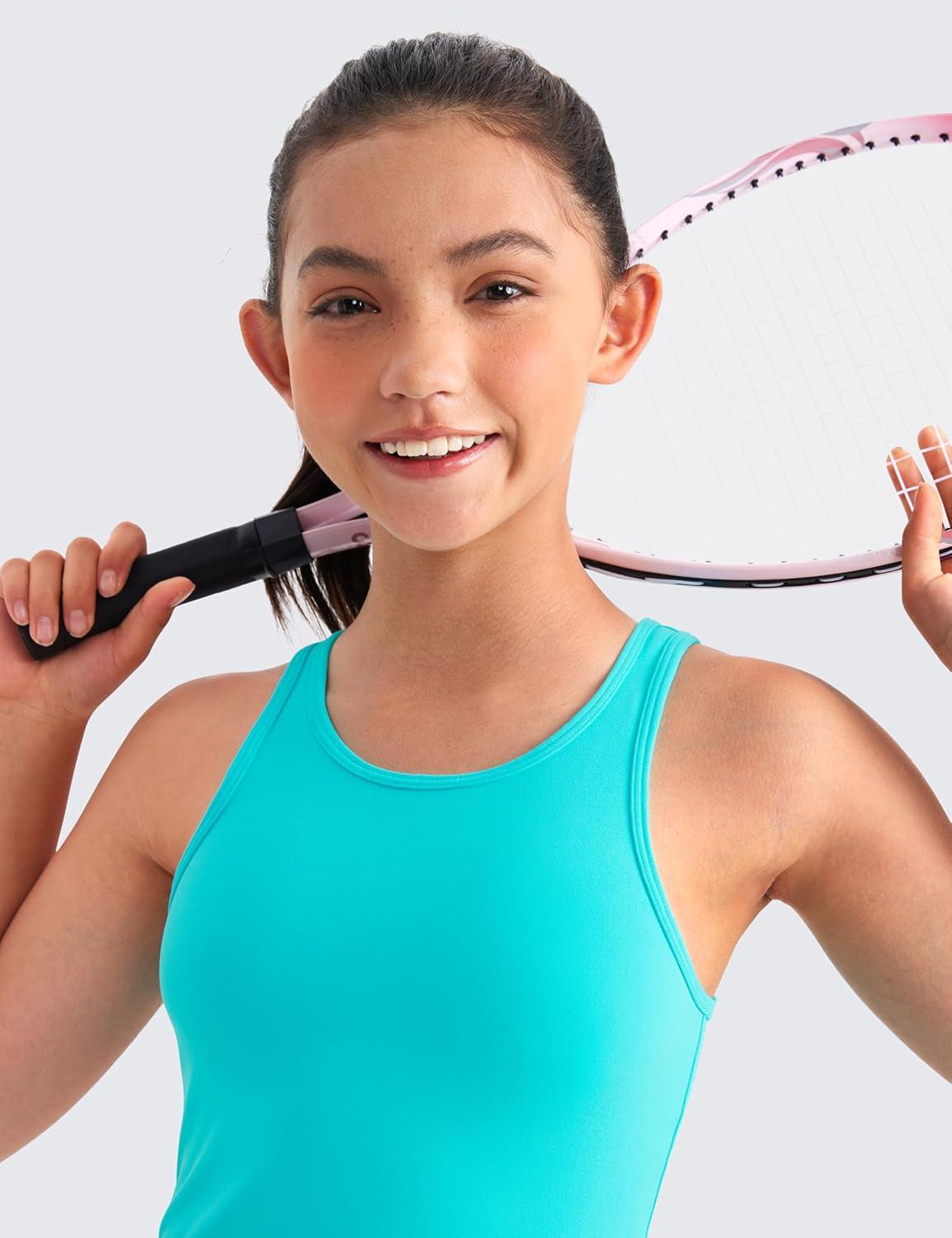 imageCRZ YOGA Girls Butterluxe Double Lined U Back Tank Tops Crop Dance Yoga Athletic Casual Crew Neck Tight Kids TeenSpectral Blue