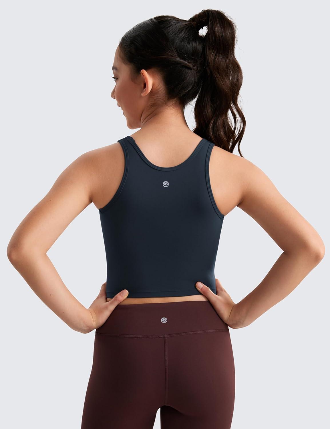 imageCRZ YOGA Girls Butterluxe Double Lined U Back Tank Tops Crop Dance Yoga Athletic Casual Crew Neck Tight Kids TeenTrue Navy