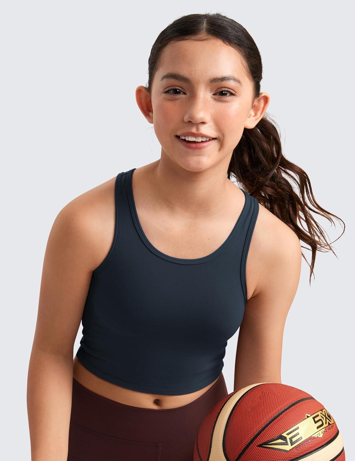 imageCRZ YOGA Girls Butterluxe Double Lined U Back Tank Tops Crop Dance Yoga Athletic Casual Crew Neck Tight Kids TeenTrue Navy