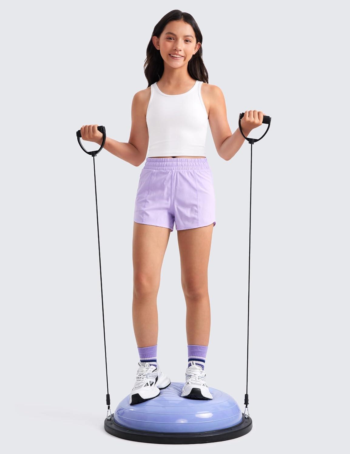 imageCRZ YOGA Girls Butterluxe Double Lined U Back Tank Tops Crop Dance Yoga Athletic Casual Crew Neck Tight Kids TeenWhite