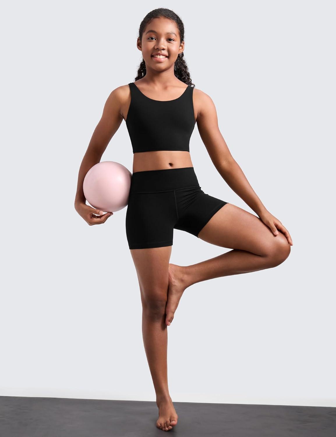 imageCRZ YOGA Girls Butterluxe Longline Sports Bra Yoga Athletic Casual Tops Scoop Neck U Back Padded Kids TeenBlack