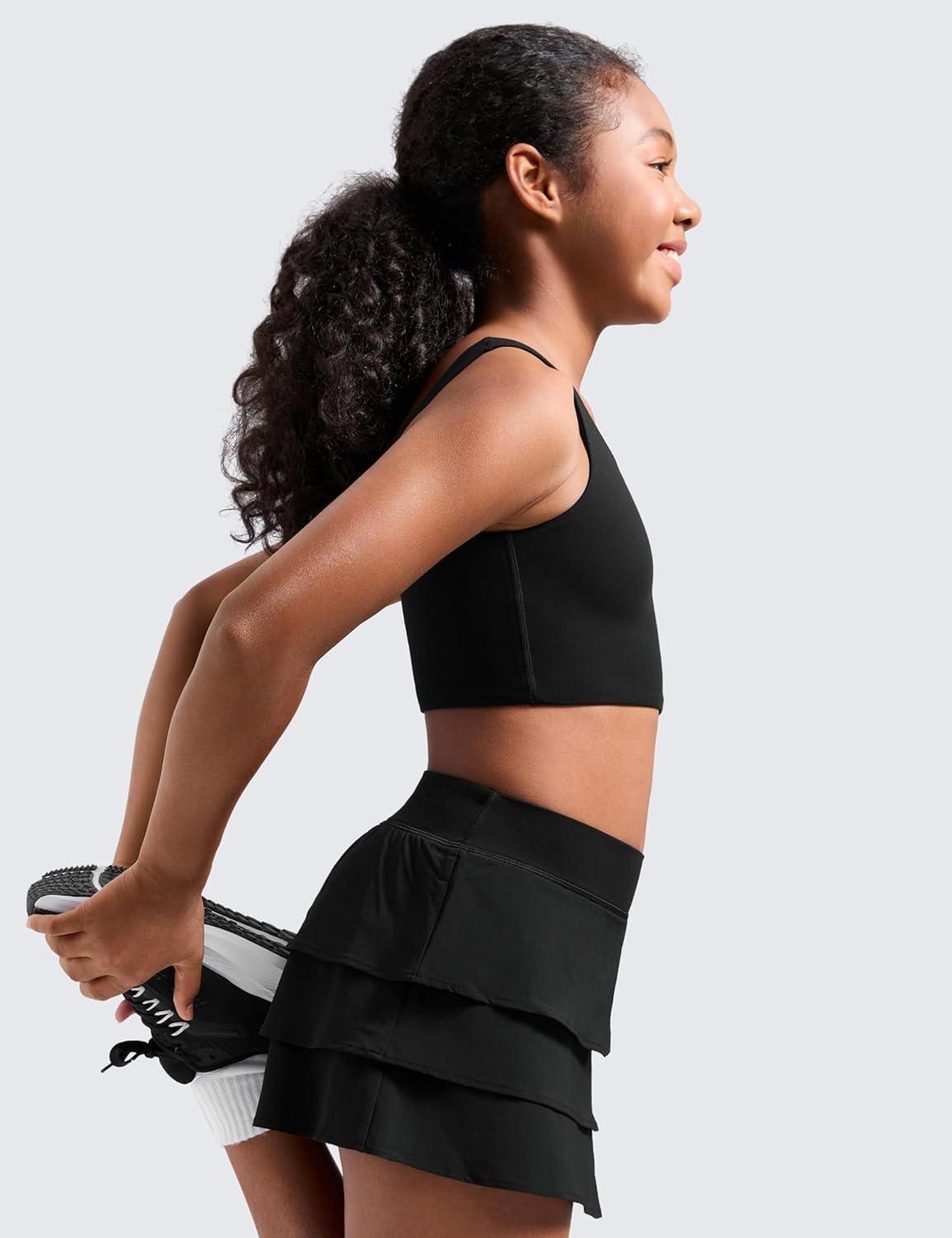 imageCRZ YOGA Girls Butterluxe Longline Sports Bra Yoga Athletic Casual Tops Scoop Neck U Back Padded Kids TeenBlack