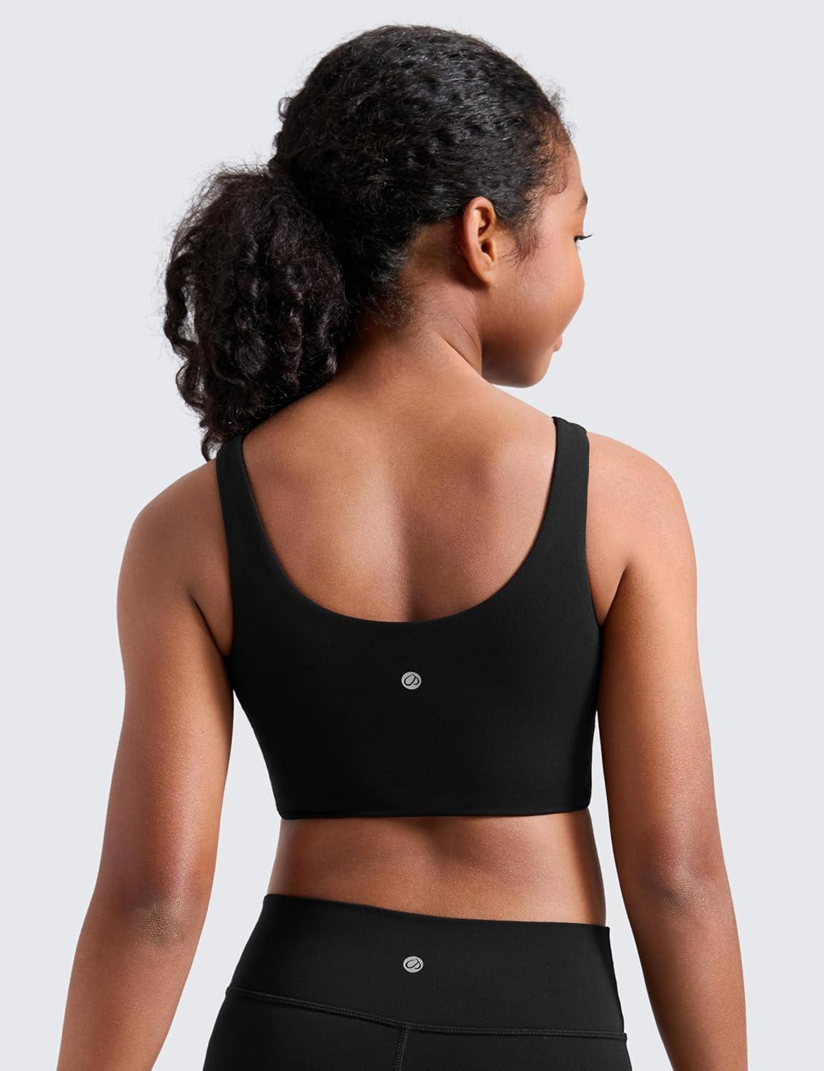 imageCRZ YOGA Girls Butterluxe Longline Sports Bra Yoga Athletic Casual Tops Scoop Neck U Back Padded Kids TeenBlack