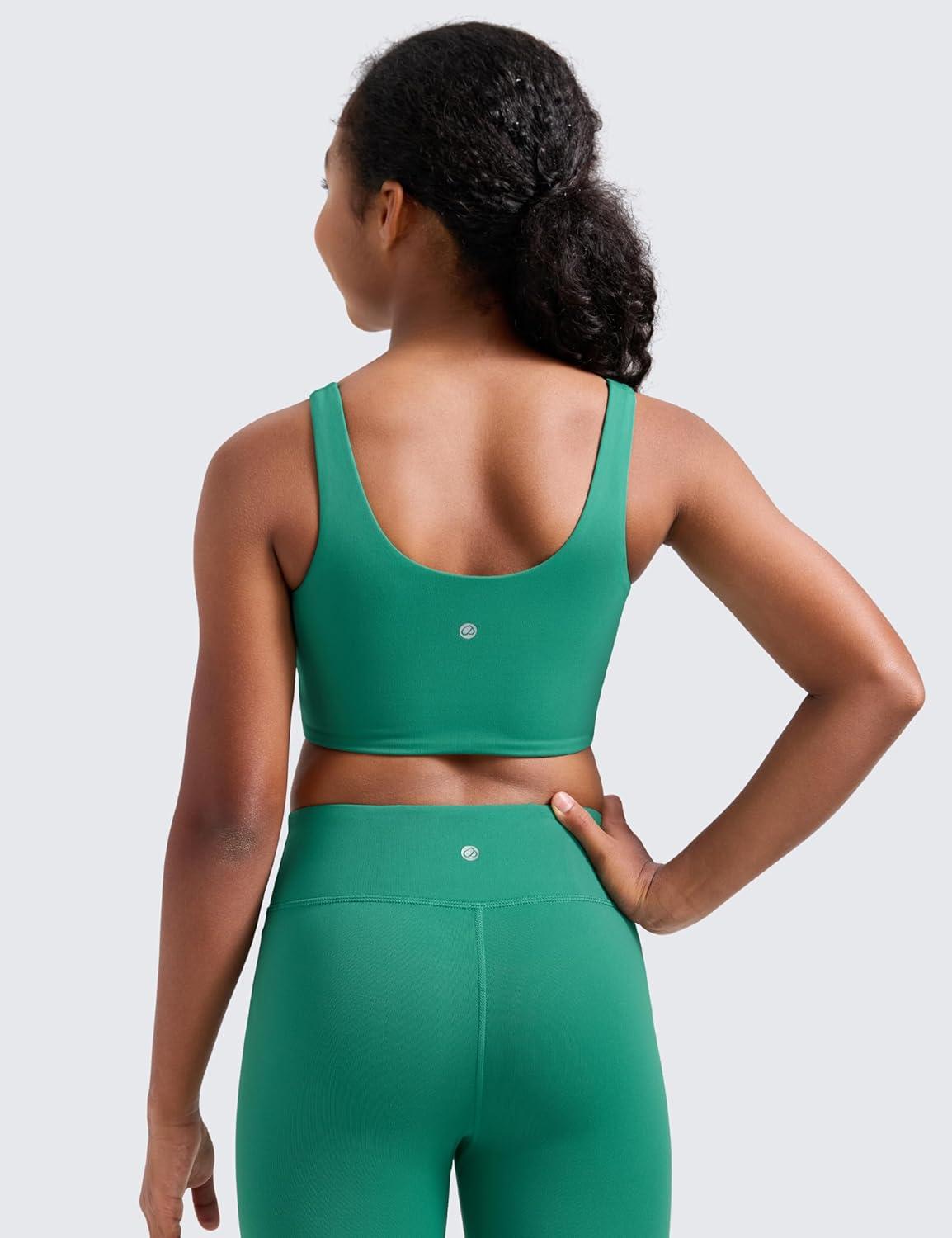 imageCRZ YOGA Girls Butterluxe Longline Sports Bra Yoga Athletic Casual Tops Scoop Neck U Back Padded Kids TeenCascadia Green