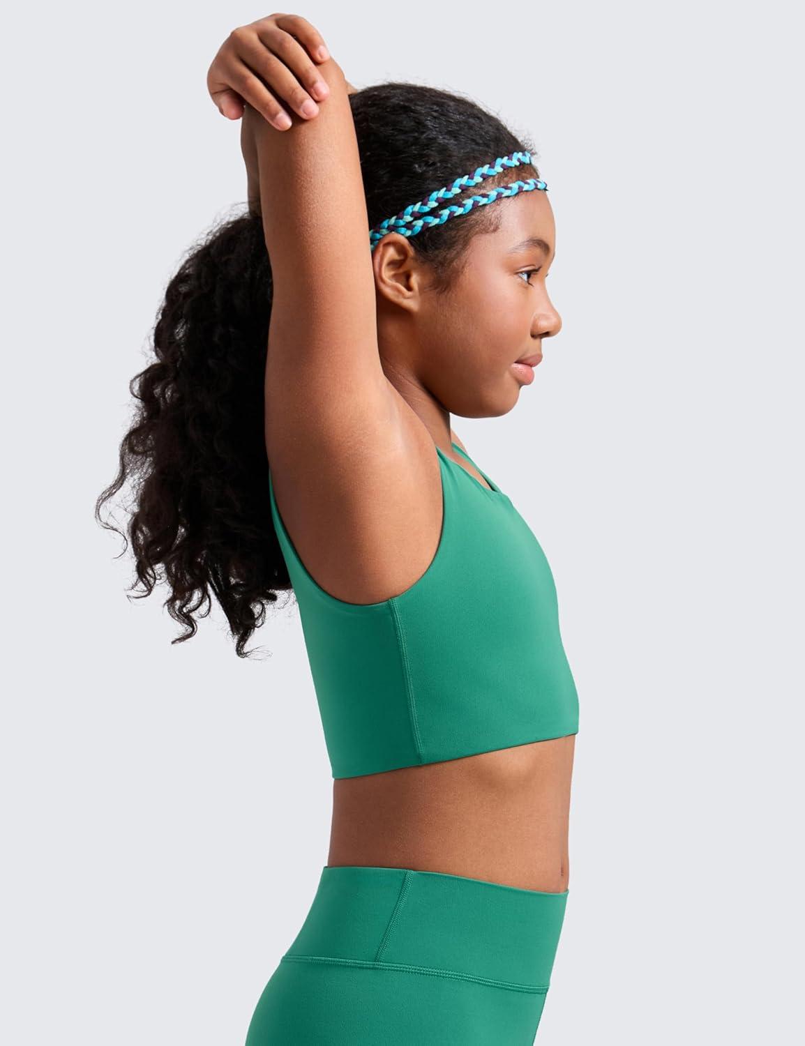 imageCRZ YOGA Girls Butterluxe Longline Sports Bra Yoga Athletic Casual Tops Scoop Neck U Back Padded Kids TeenCascadia Green