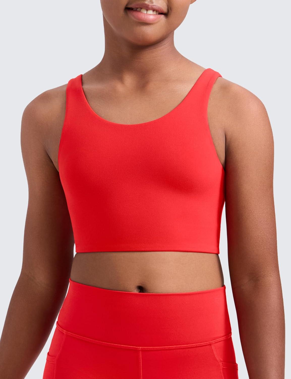 imageCRZ YOGA Girls Butterluxe Longline Sports Bra Yoga Athletic Casual Tops Scoop Neck U Back Padded Kids TeenDeep Red