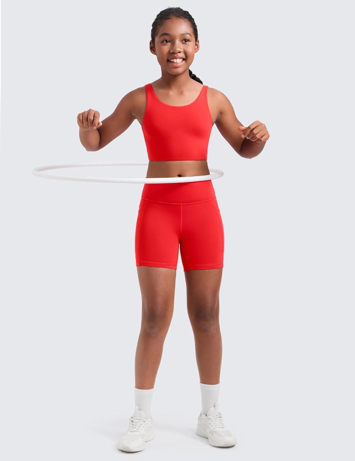 imageCRZ YOGA Girls Butterluxe Longline Sports Bra Yoga Athletic Casual Tops Scoop Neck U Back Padded Kids TeenDeep Red