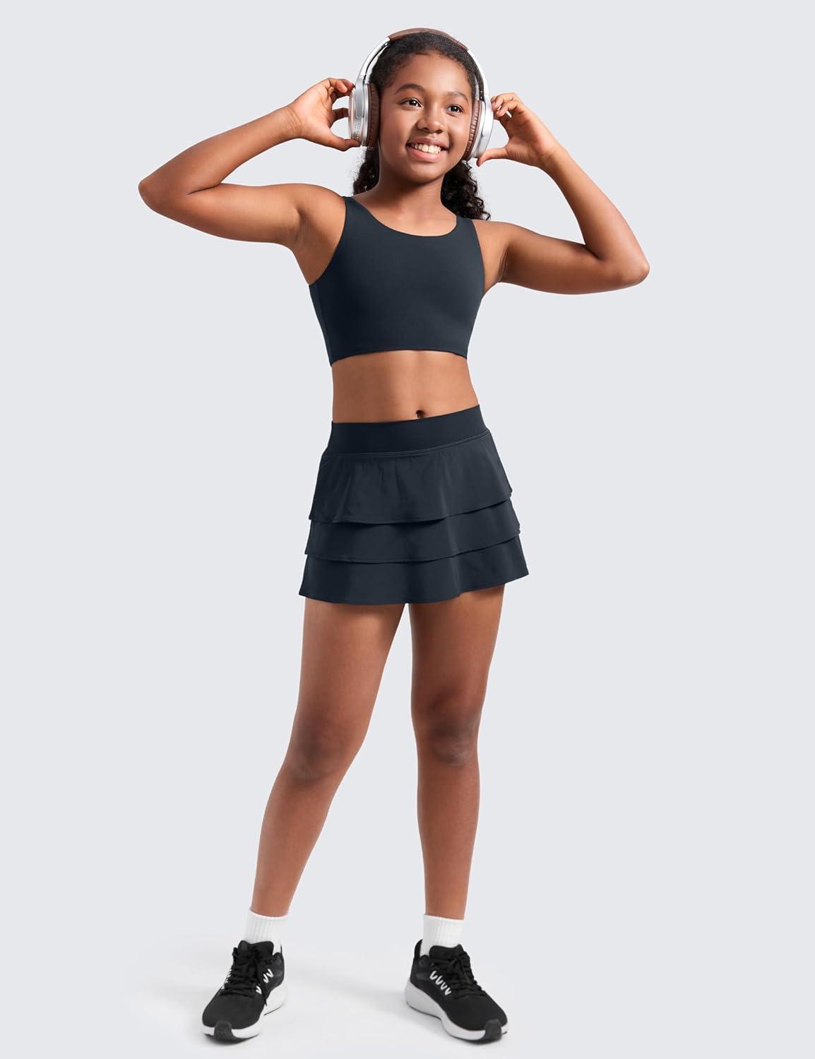 imageCRZ YOGA Girls Butterluxe Longline Sports Bra Yoga Athletic Casual Tops Scoop Neck U Back Padded Kids TeenTrue Navy