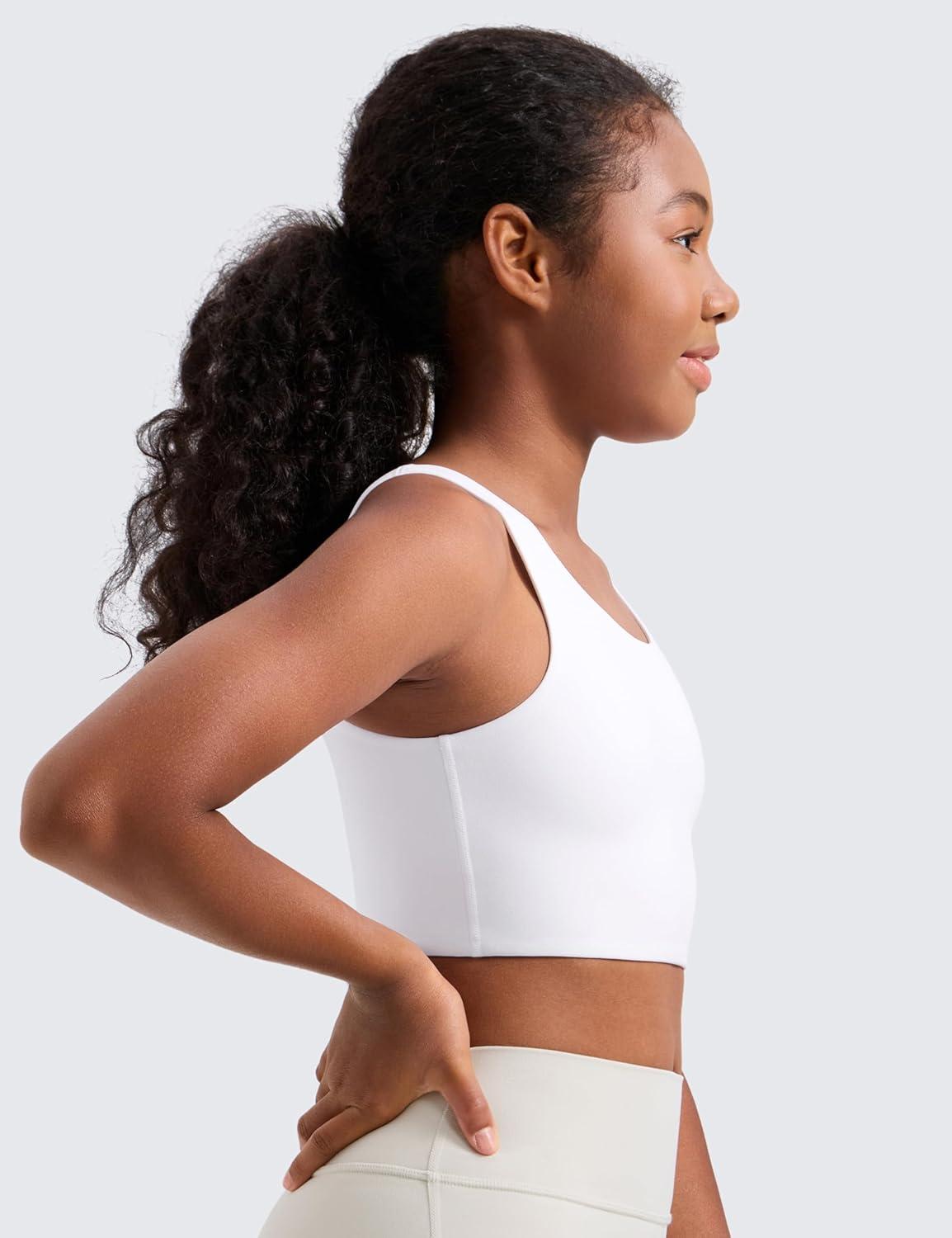 imageCRZ YOGA Girls Butterluxe Longline Sports Bra Yoga Athletic Casual Tops Scoop Neck U Back Padded Kids TeenWhite