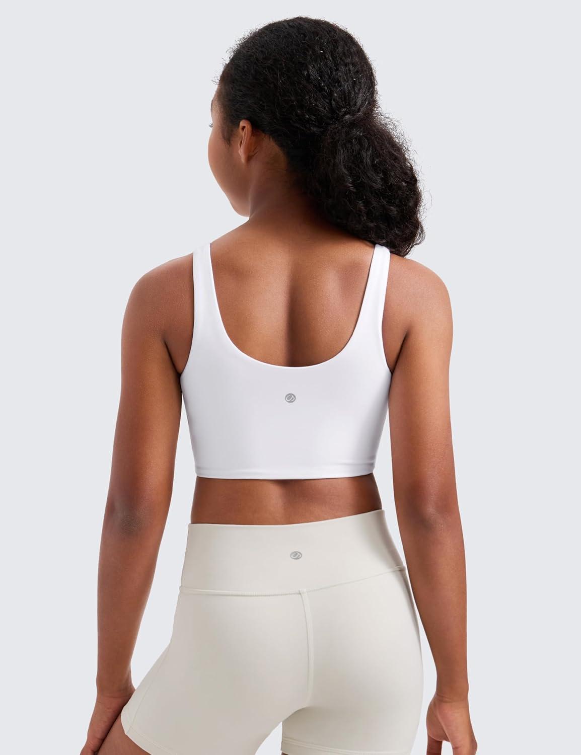 imageCRZ YOGA Girls Butterluxe Longline Sports Bra Yoga Athletic Casual Tops Scoop Neck U Back Padded Kids TeenWhite