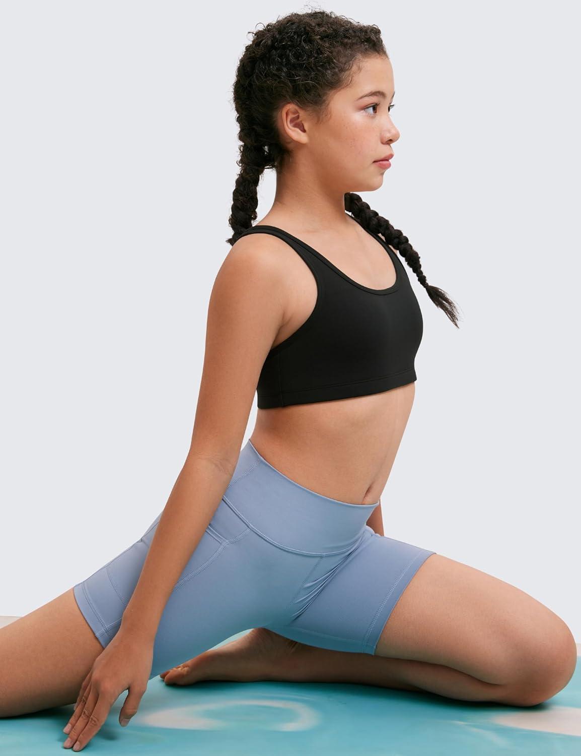 imageCRZ YOGA Girls Butterluxe Racerback Sports Bra Yoga Athletic Casual Tops Scoop Neck Padded Crop Kids TeenBlack