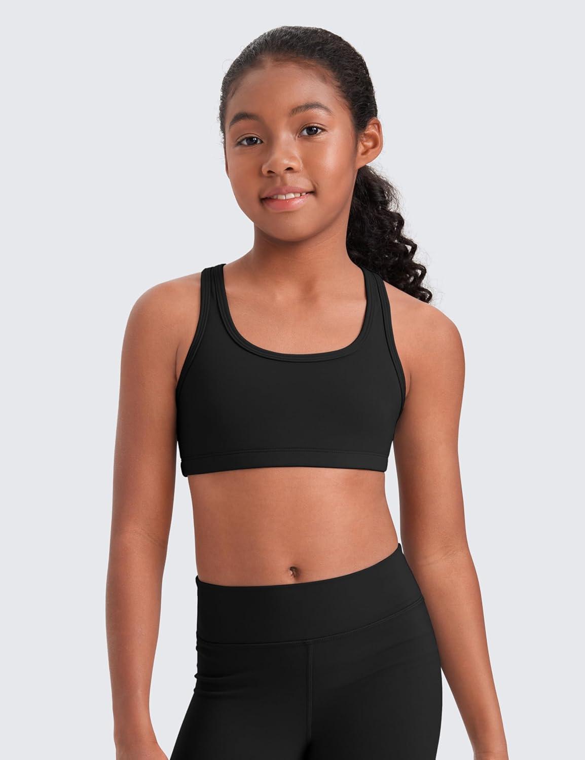 imageCRZ YOGA Girls Butterluxe Racerback Sports Bra Yoga Athletic Casual Tops Scoop Neck Padded Crop Kids TeenBlack