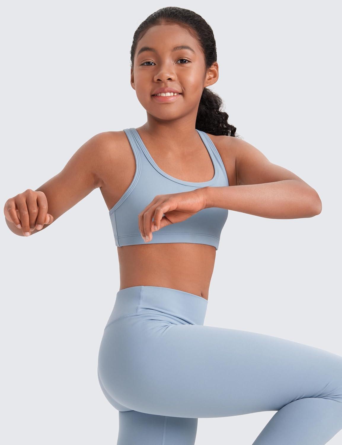 imageCRZ YOGA Girls Butterluxe Racerback Sports Bra Yoga Athletic Casual Tops Scoop Neck Padded Crop Kids TeenCambric Blue