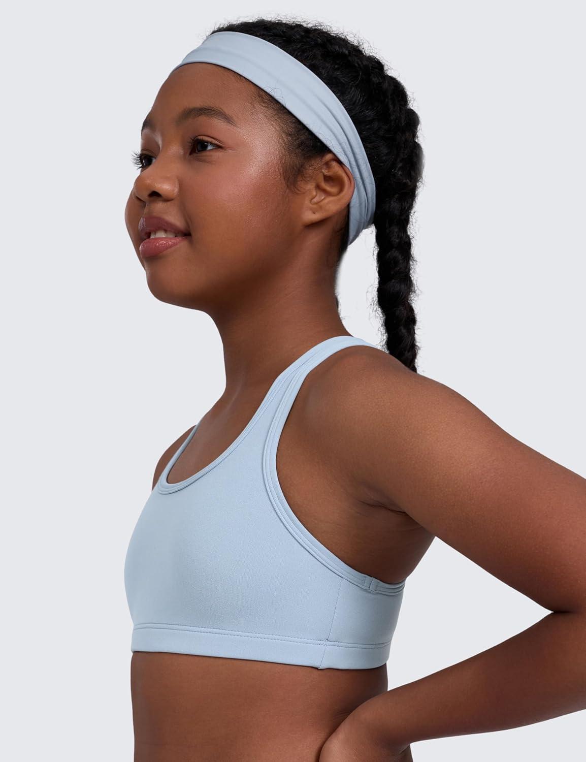 imageCRZ YOGA Girls Butterluxe Racerback Sports Bra Yoga Athletic Casual Tops Scoop Neck Padded Crop Kids TeenCambric Blue