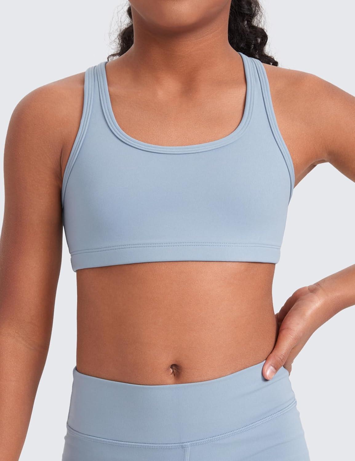 imageCRZ YOGA Girls Butterluxe Racerback Sports Bra Yoga Athletic Casual Tops Scoop Neck Padded Crop Kids TeenCambric Blue