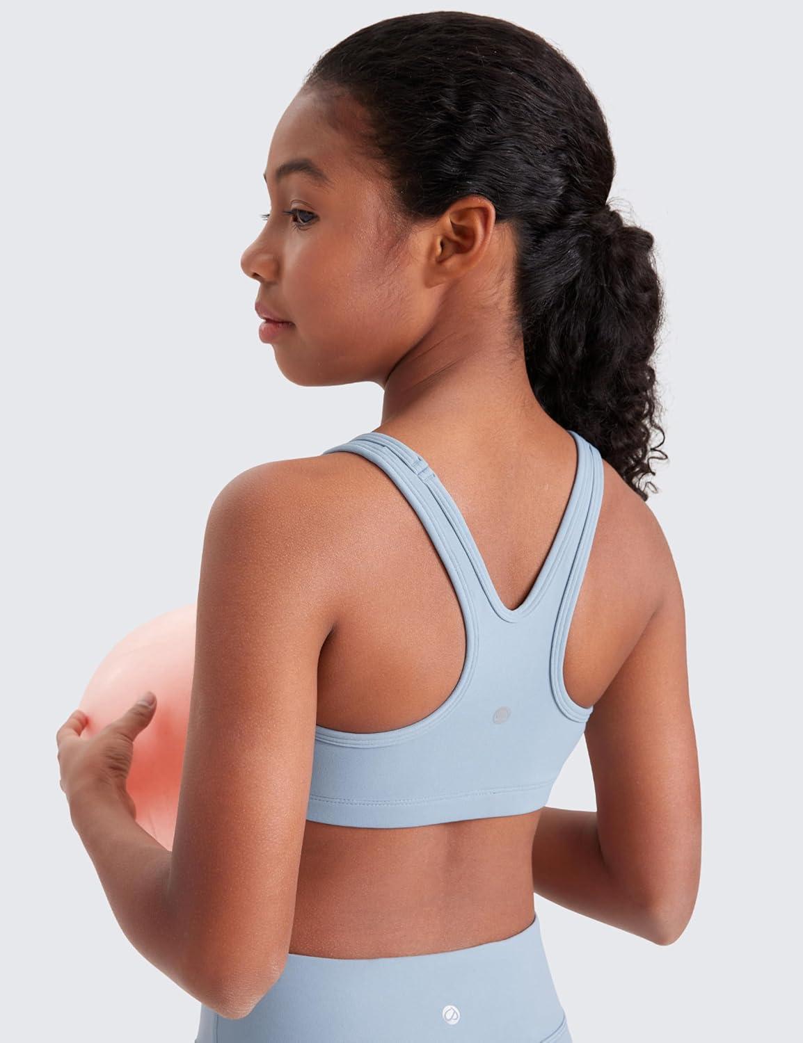 imageCRZ YOGA Girls Butterluxe Racerback Sports Bra Yoga Athletic Casual Tops Scoop Neck Padded Crop Kids TeenCambric Blue