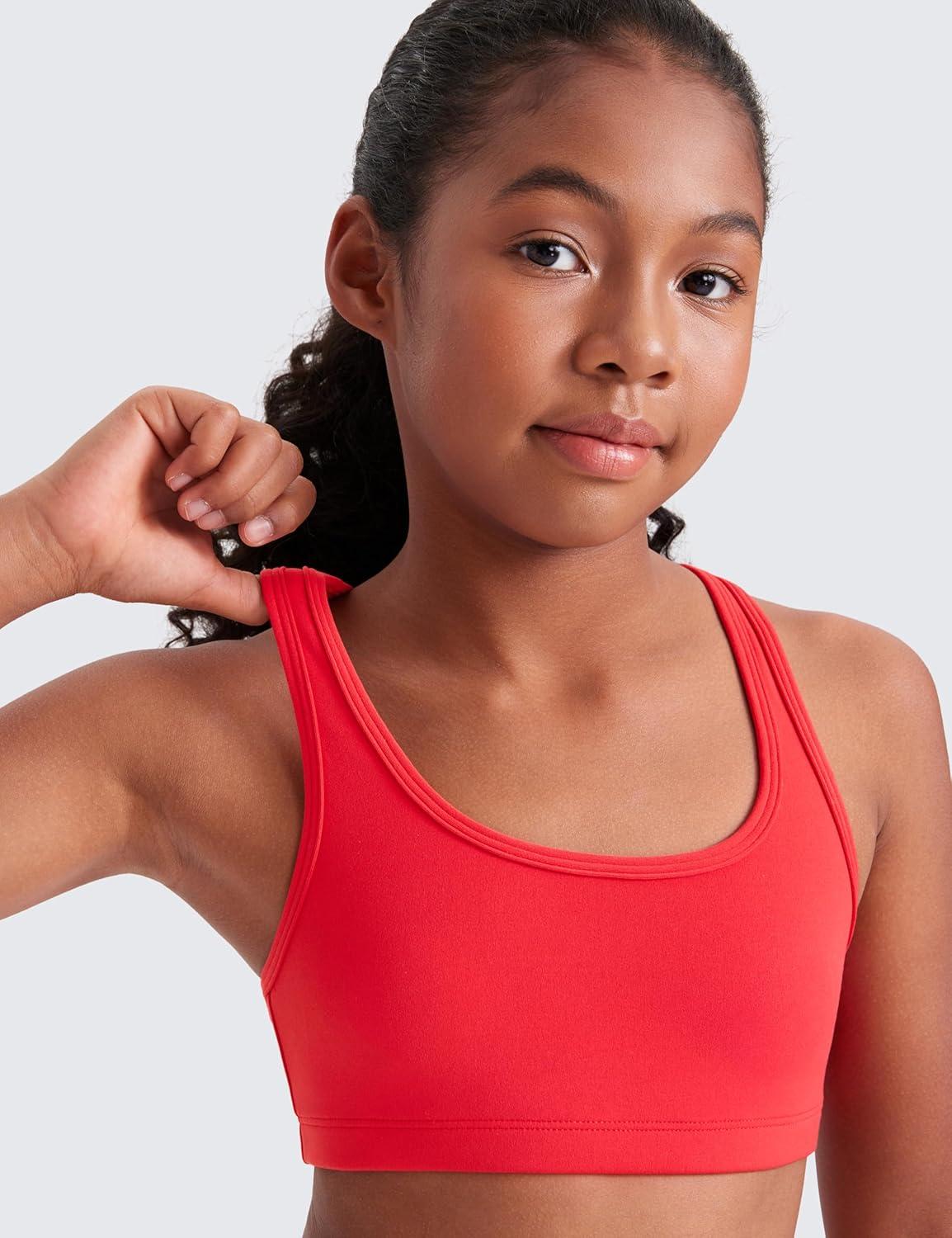imageCRZ YOGA Girls Butterluxe Racerback Sports Bra Yoga Athletic Casual Tops Scoop Neck Padded Crop Kids TeenDeep Red