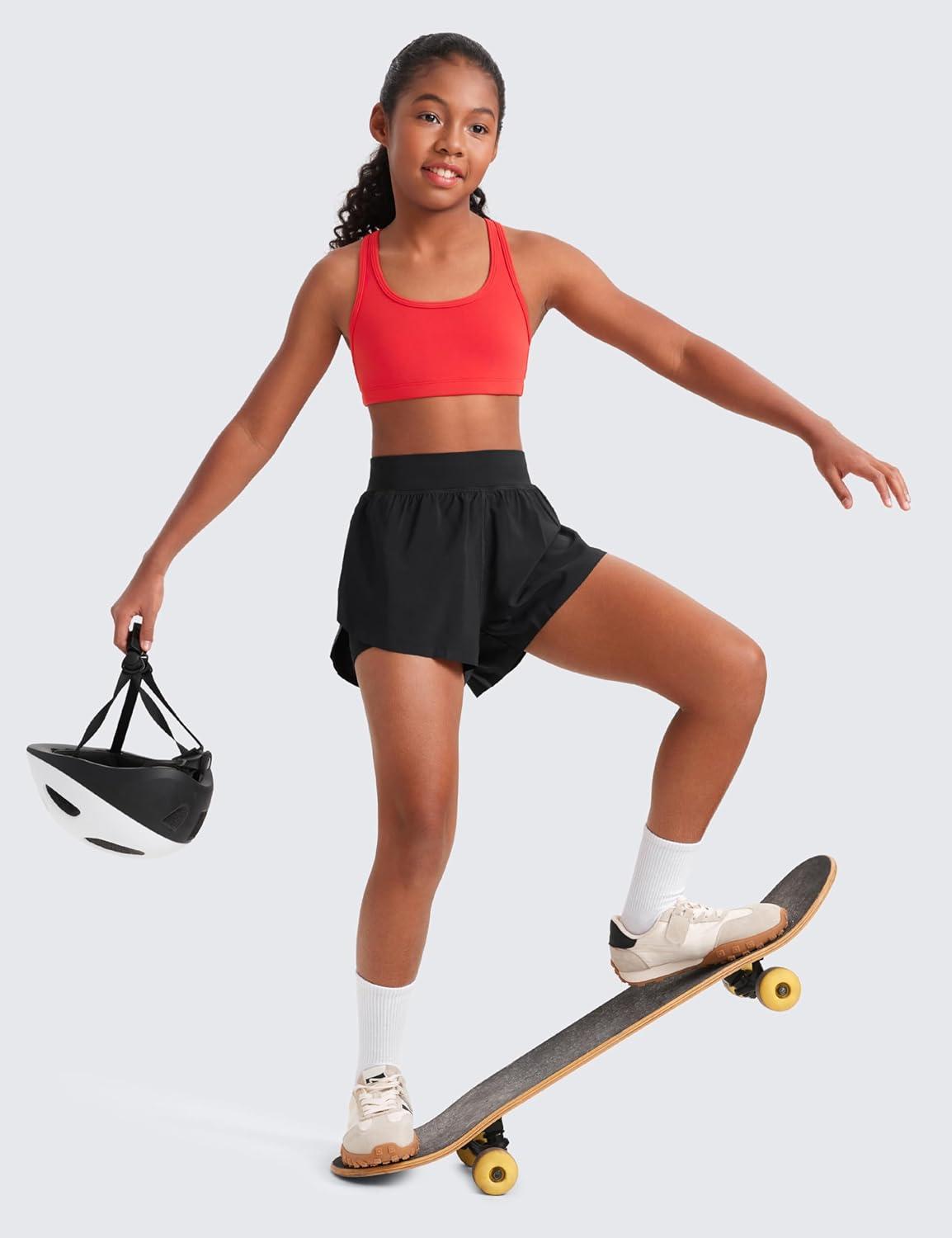 imageCRZ YOGA Girls Butterluxe Racerback Sports Bra Yoga Athletic Casual Tops Scoop Neck Padded Crop Kids TeenDeep Red