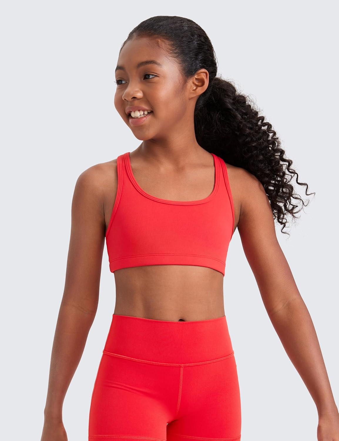 imageCRZ YOGA Girls Butterluxe Racerback Sports Bra Yoga Athletic Casual Tops Scoop Neck Padded Crop Kids TeenDeep Red