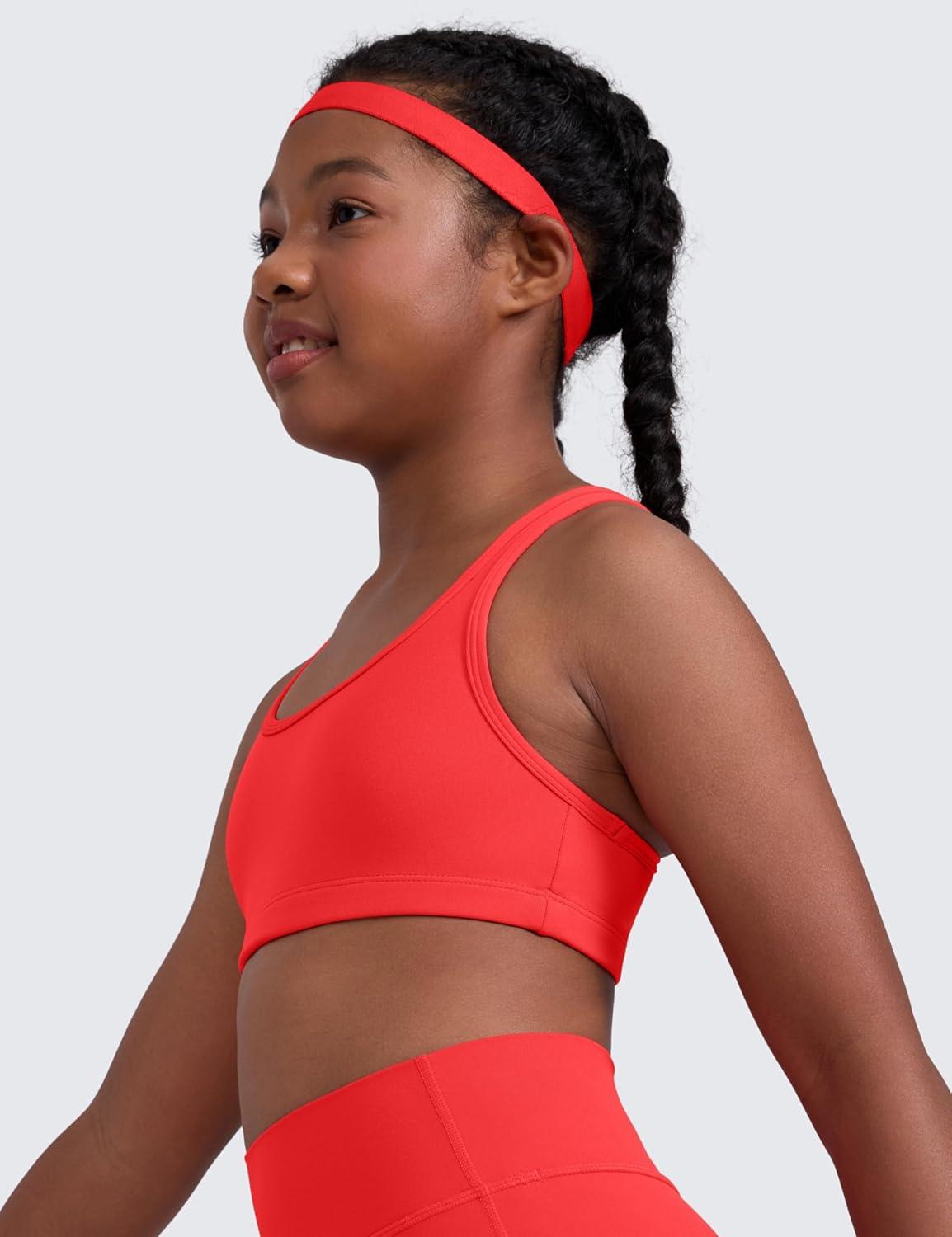 imageCRZ YOGA Girls Butterluxe Racerback Sports Bra Yoga Athletic Casual Tops Scoop Neck Padded Crop Kids TeenDeep Red