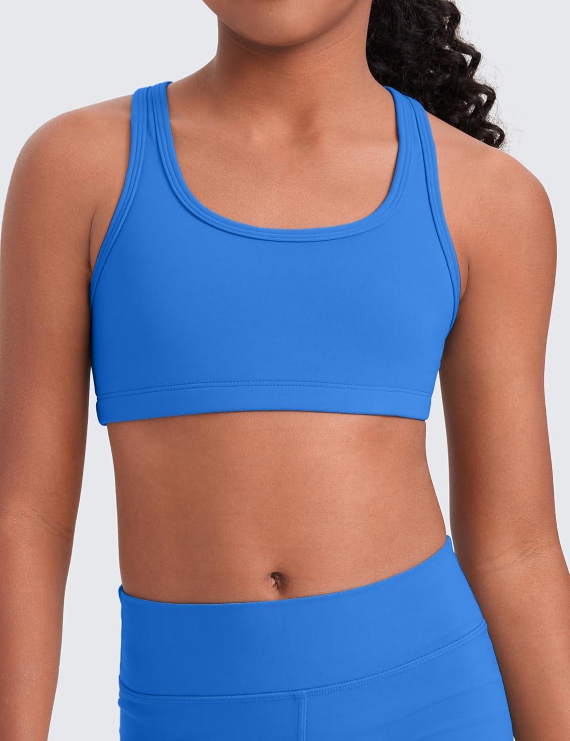 imageCRZ YOGA Girls Butterluxe Racerback Sports Bra Yoga Athletic Casual Tops Scoop Neck Padded Crop Kids TeenSparkle Blue