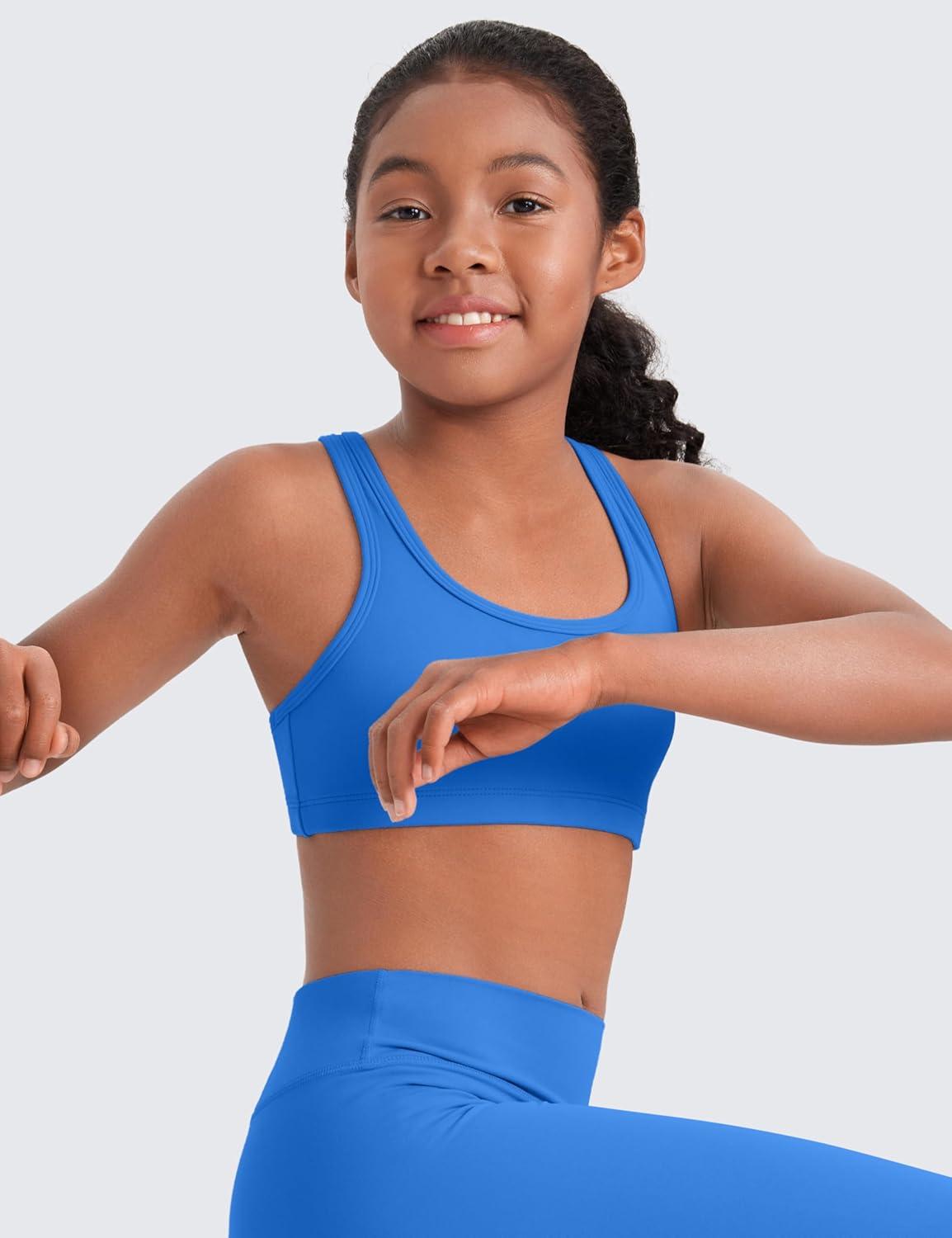 imageCRZ YOGA Girls Butterluxe Racerback Sports Bra Yoga Athletic Casual Tops Scoop Neck Padded Crop Kids TeenSparkle Blue