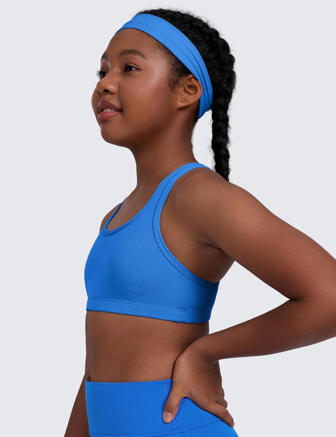 imageCRZ YOGA Girls Butterluxe Racerback Sports Bra Yoga Athletic Casual Tops Scoop Neck Padded Crop Kids TeenSparkle Blue