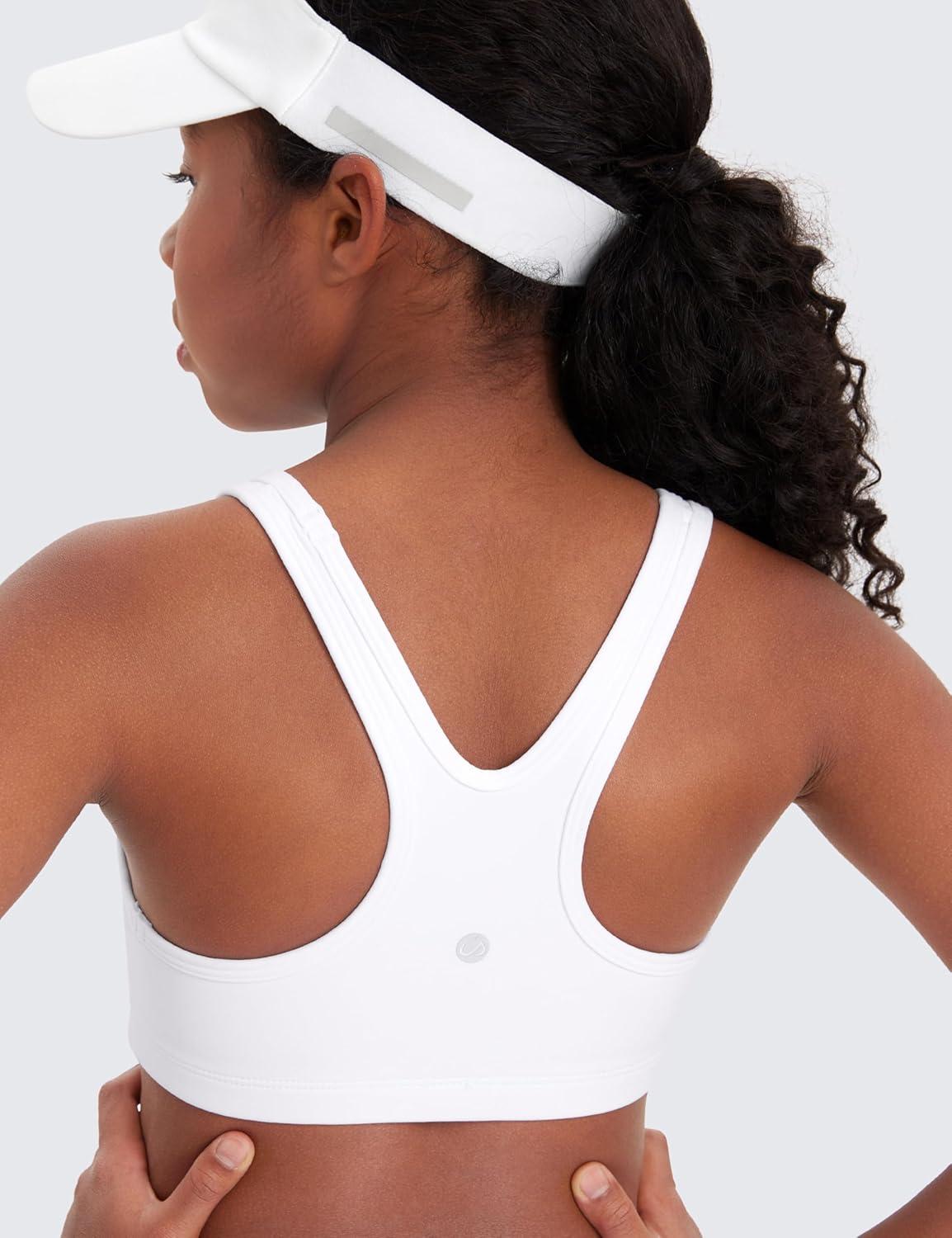 imageCRZ YOGA Girls Butterluxe Racerback Sports Bra Yoga Athletic Casual Tops Scoop Neck Padded Crop Kids TeenWhite