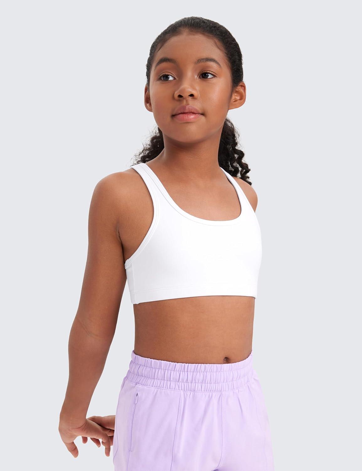 imageCRZ YOGA Girls Butterluxe Racerback Sports Bra Yoga Athletic Casual Tops Scoop Neck Padded Crop Kids TeenWhite