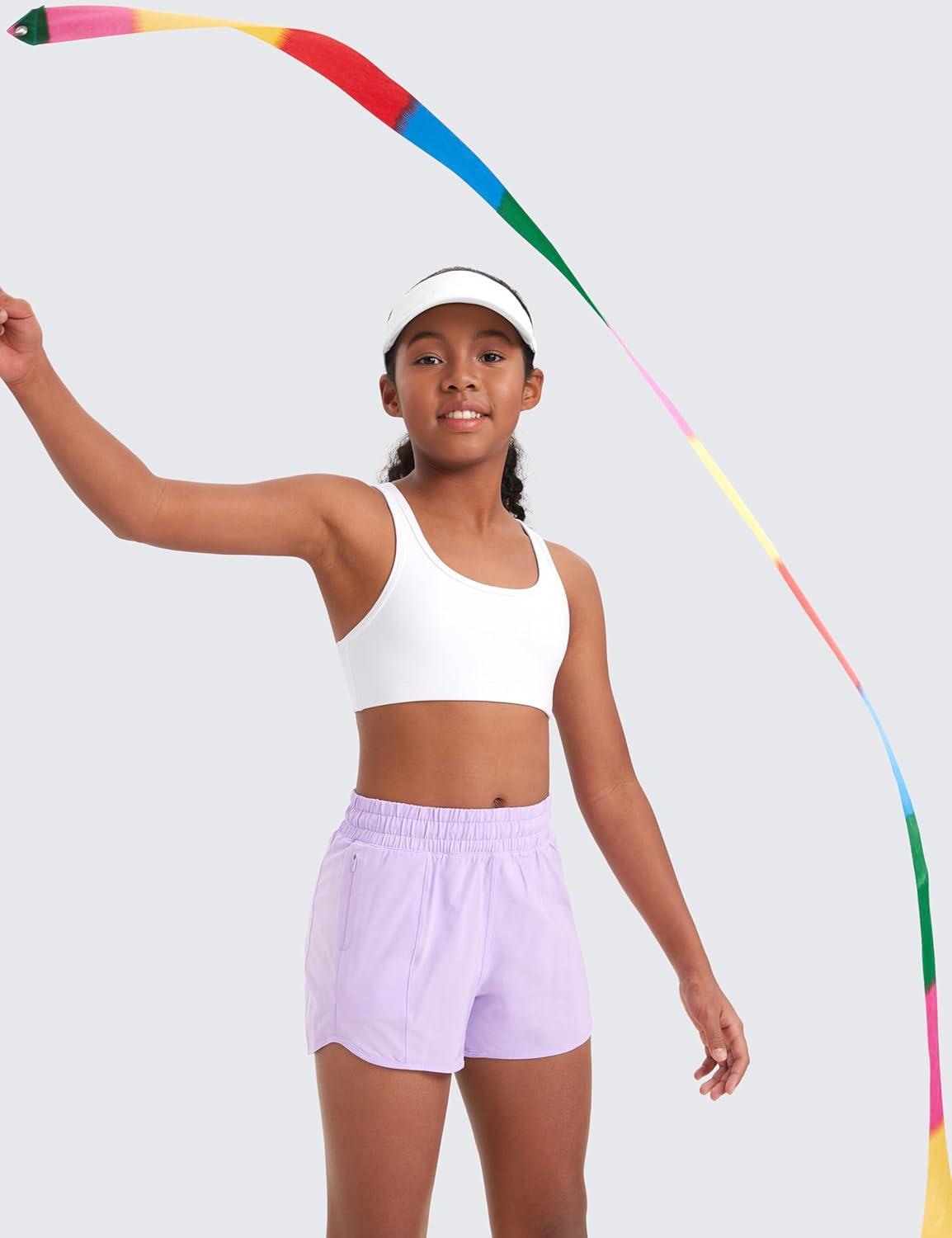 imageCRZ YOGA Girls Butterluxe Racerback Sports Bra Yoga Athletic Casual Tops Scoop Neck Padded Crop Kids TeenWhite